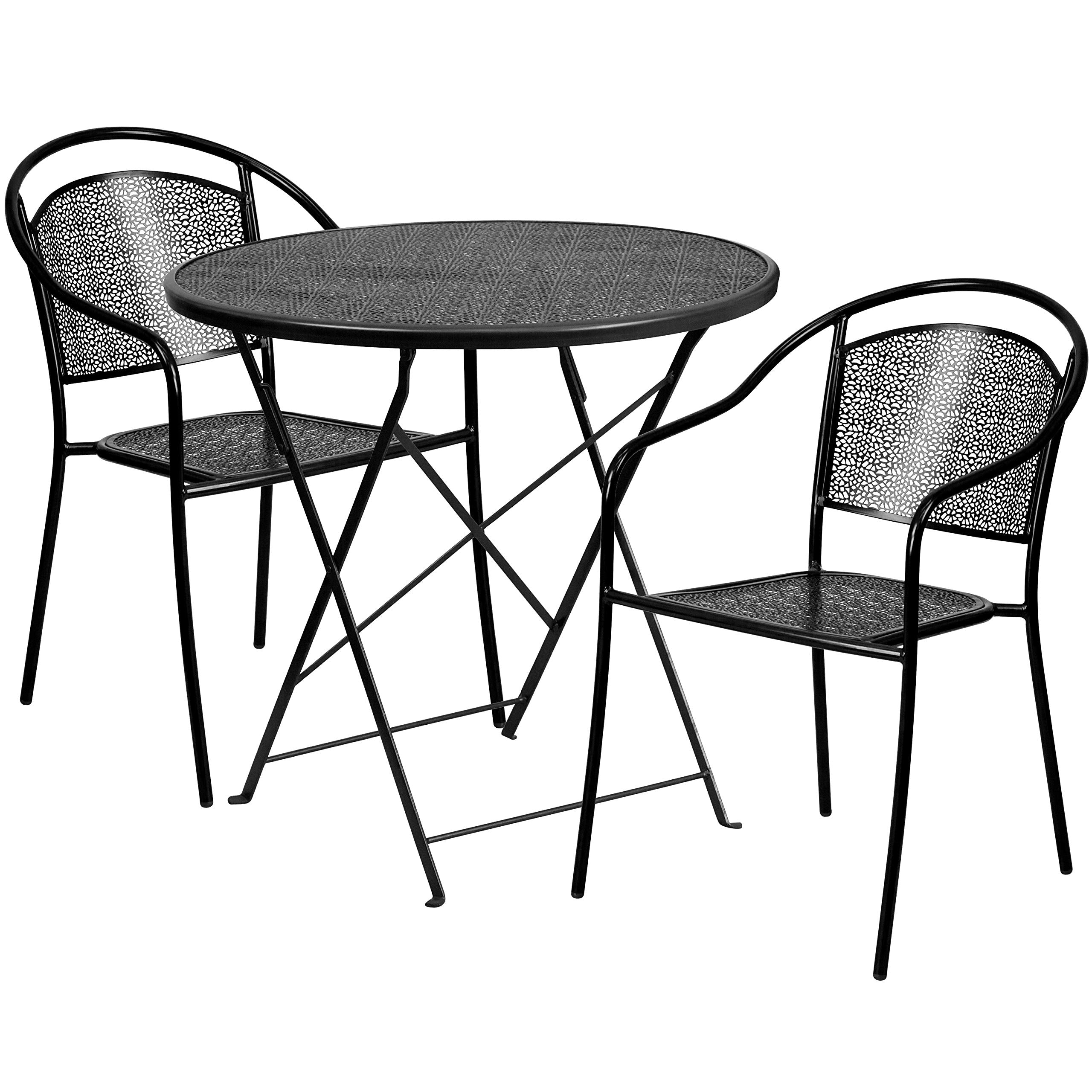 Flash Furniture Commercial Grade 30' Round Black Indoor-Outdoor Steel Folding Patio Table Set With 2 Round Back Chairs