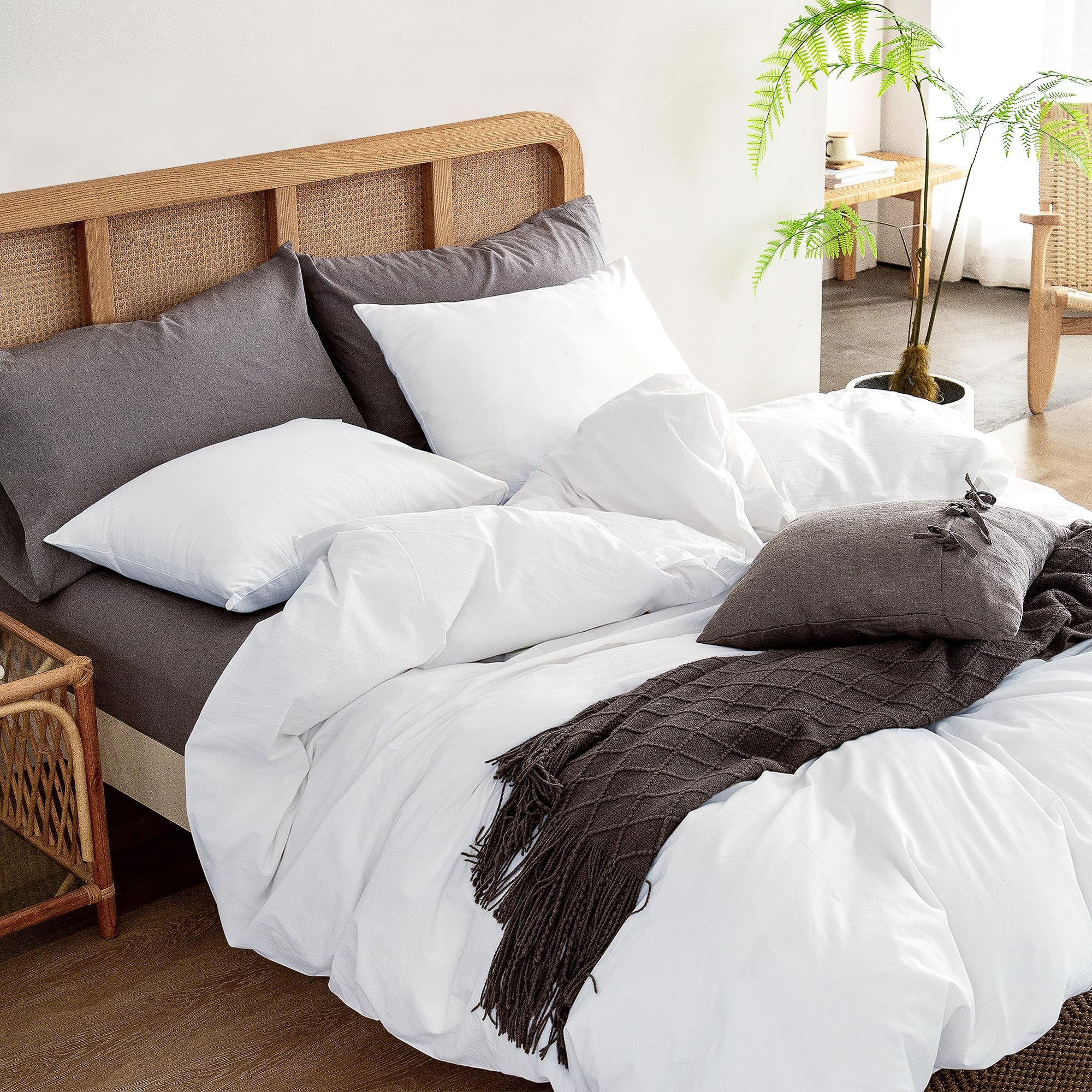 Atsense Duvet Cover Super King, 100% Washed Cotton Linen Feel Super Soft Comfortable, 3-Piece White Duvet Cover Bedding Set, Long-Lasting And Easy Care, Simple Style Farmhouse Comforter Cover