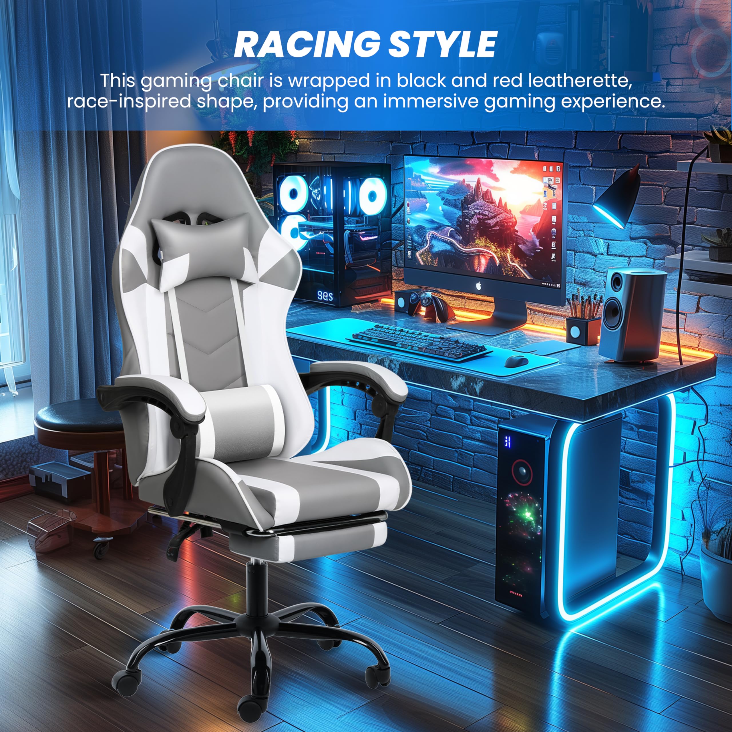 Yssoa White Gaming Chair With Footrest, Big And Tall Gamer Chair, Racing Style Adjustable Swivel Office Chair, Ergonomic Video Game Chairs With Headrest And Lumbar Support