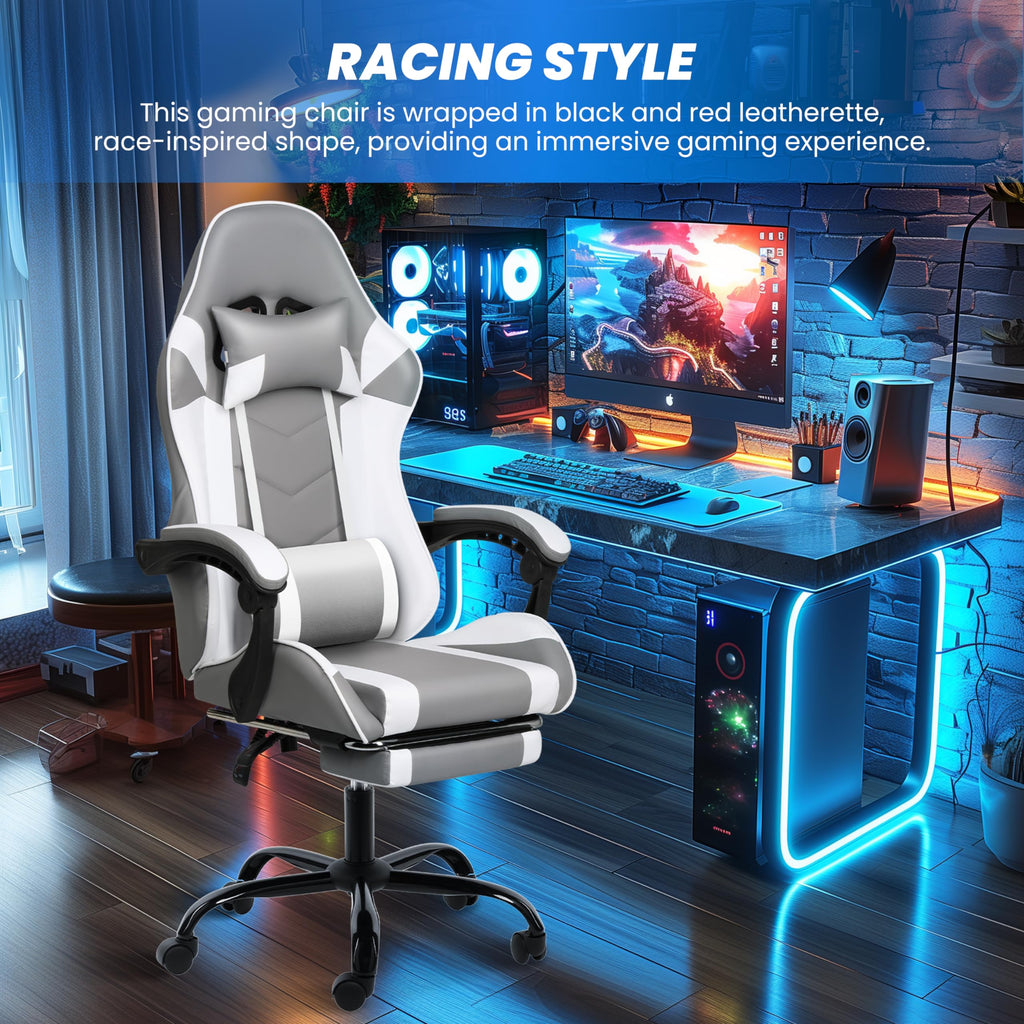 Yssoa White Gaming Chair With Footrest, Big And Tall Gamer Chair, Racing Style Adjustable Swivel Office Chair, Ergonomic Video Game Chairs With Headrest And Lumbar Support