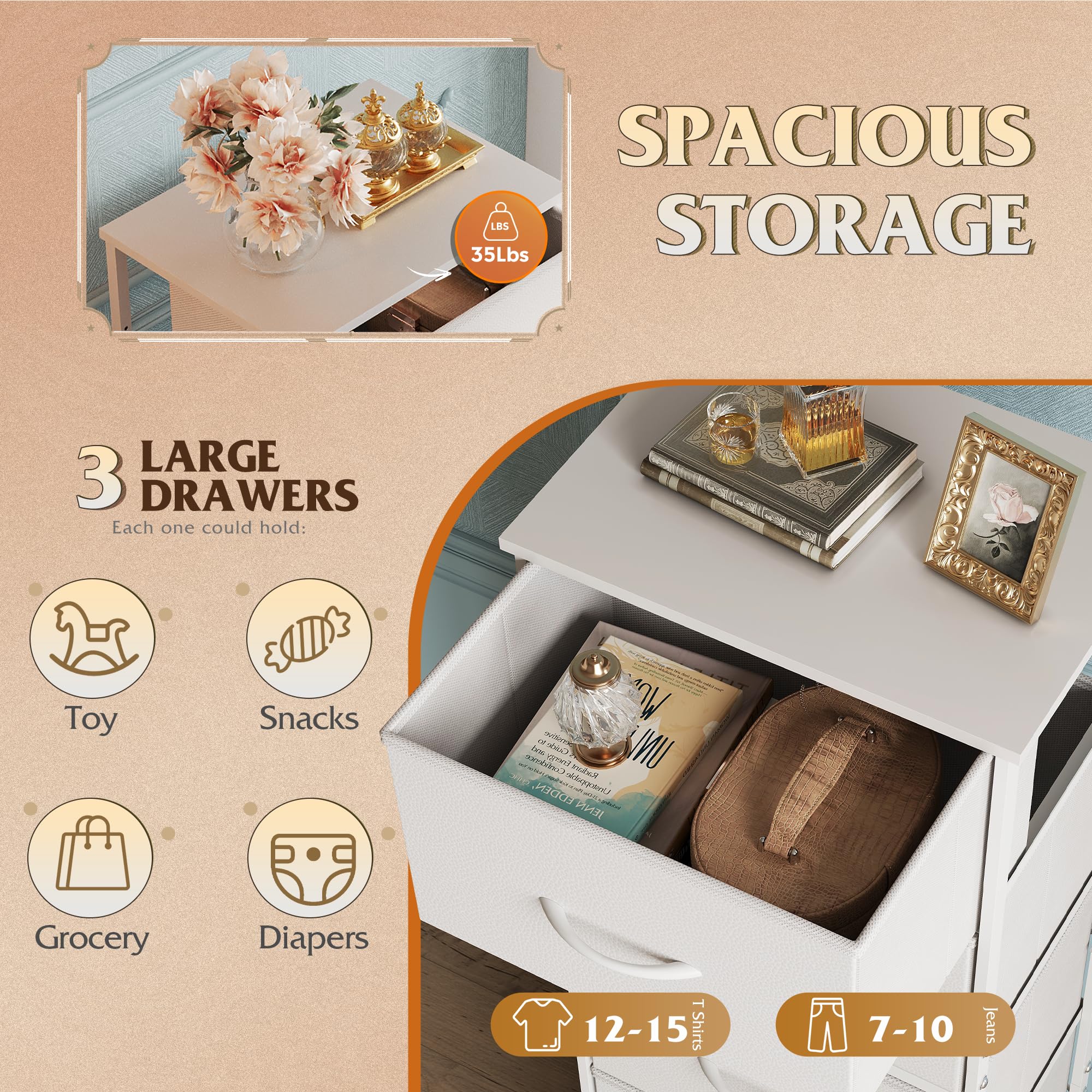 Wlive Dresser With 3 Drawers, Fabric Nightstand, Cabinet With Wheels, Organizer Storage Dresser For Bedroom, Office, Entryway, Closets, Sturdy Steel Frame, Wood Top, Easy Pull Handle, White