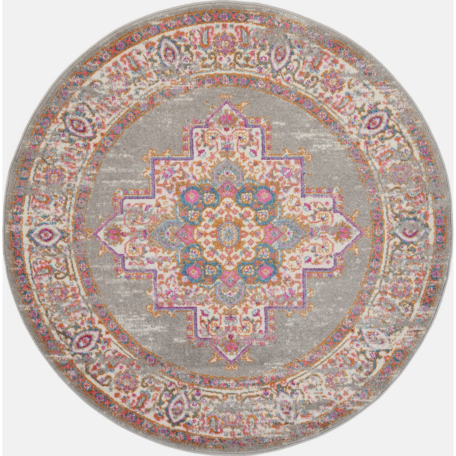Nourison Passion Grey 8' x Round Area -Rug, Boho, Traditional, Easy -Cleaning, Non Shedding, Bed Room, Living Room, Hallway, (8'