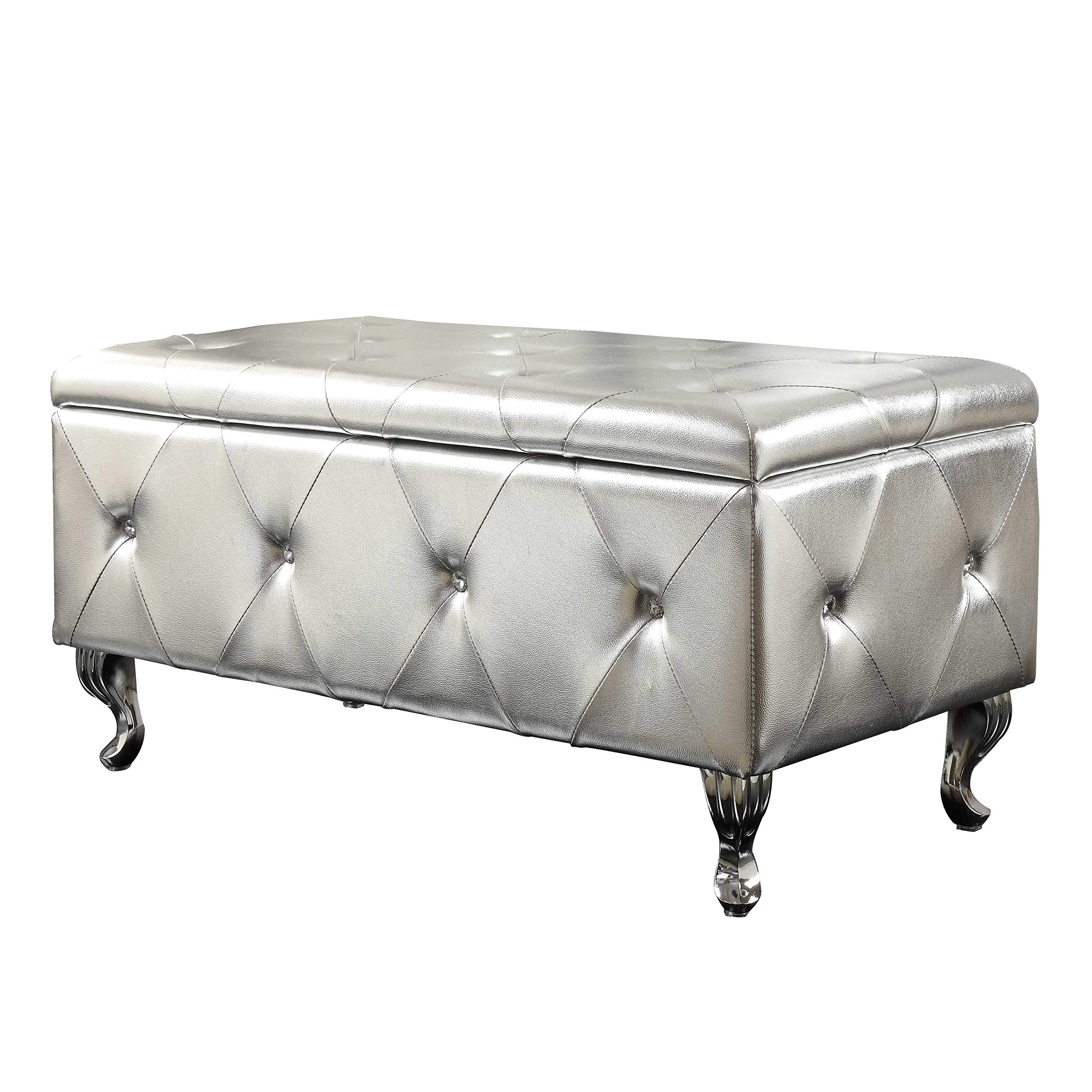 HomeRoots Silver Tufted Hard Wood Storage Leather Ottoman Bench, Upholstered Fabrics Footrest with Foam Padded Seat, Modern Trad