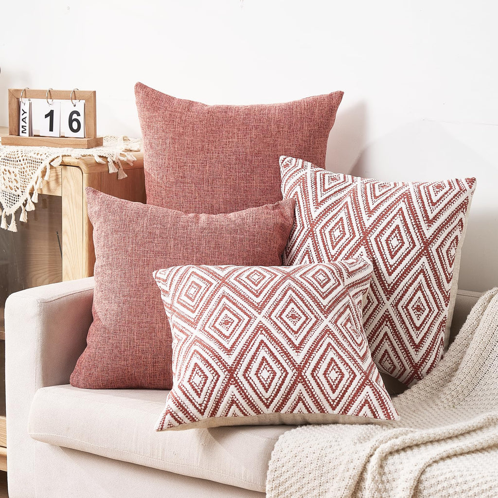 Hpuk Decorative Throw Pillow Covers Set Of 4 Geometric Design Linen Cushion Cover For Couch Sofa Living Room, 20'X20' Inches, Coral