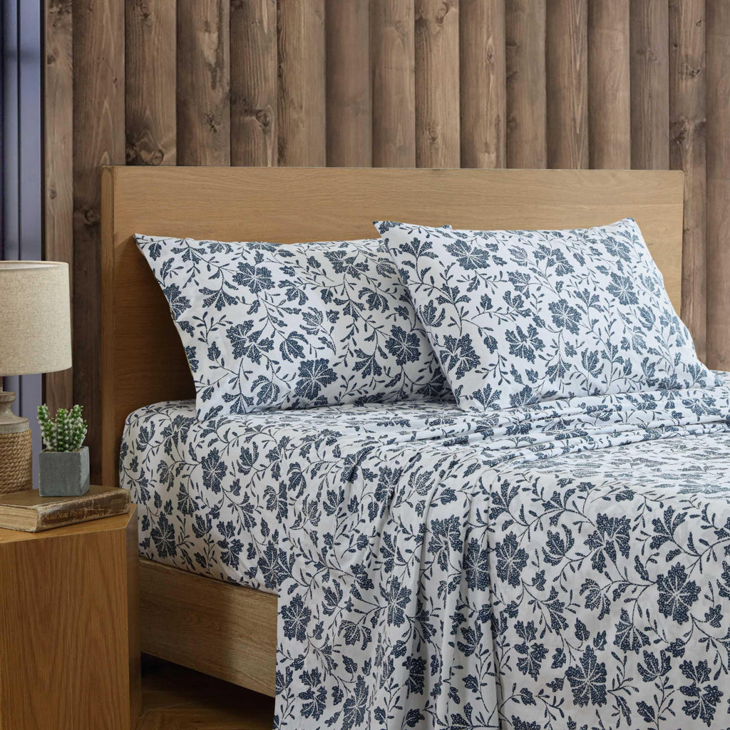 Eddie Bauer - King Sheet Set, Premium Cotton Percale Bedding Set, Floral Home Decor, Oeko-Tex Certified (Woodblock Floral Blue, King)