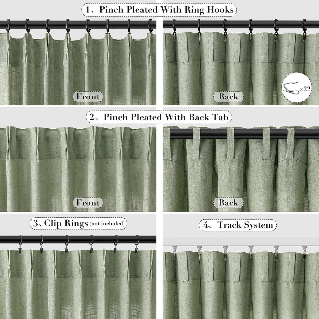 Joywell Linen Pinch Pleated Curtains 84 Inches Long,Back Tab Window Drapes With Hooks Lightweight For Bedroom Living Room Patio Sliding Glass Door Privacy,W50 X L84,Sage Green,2 Panels Set