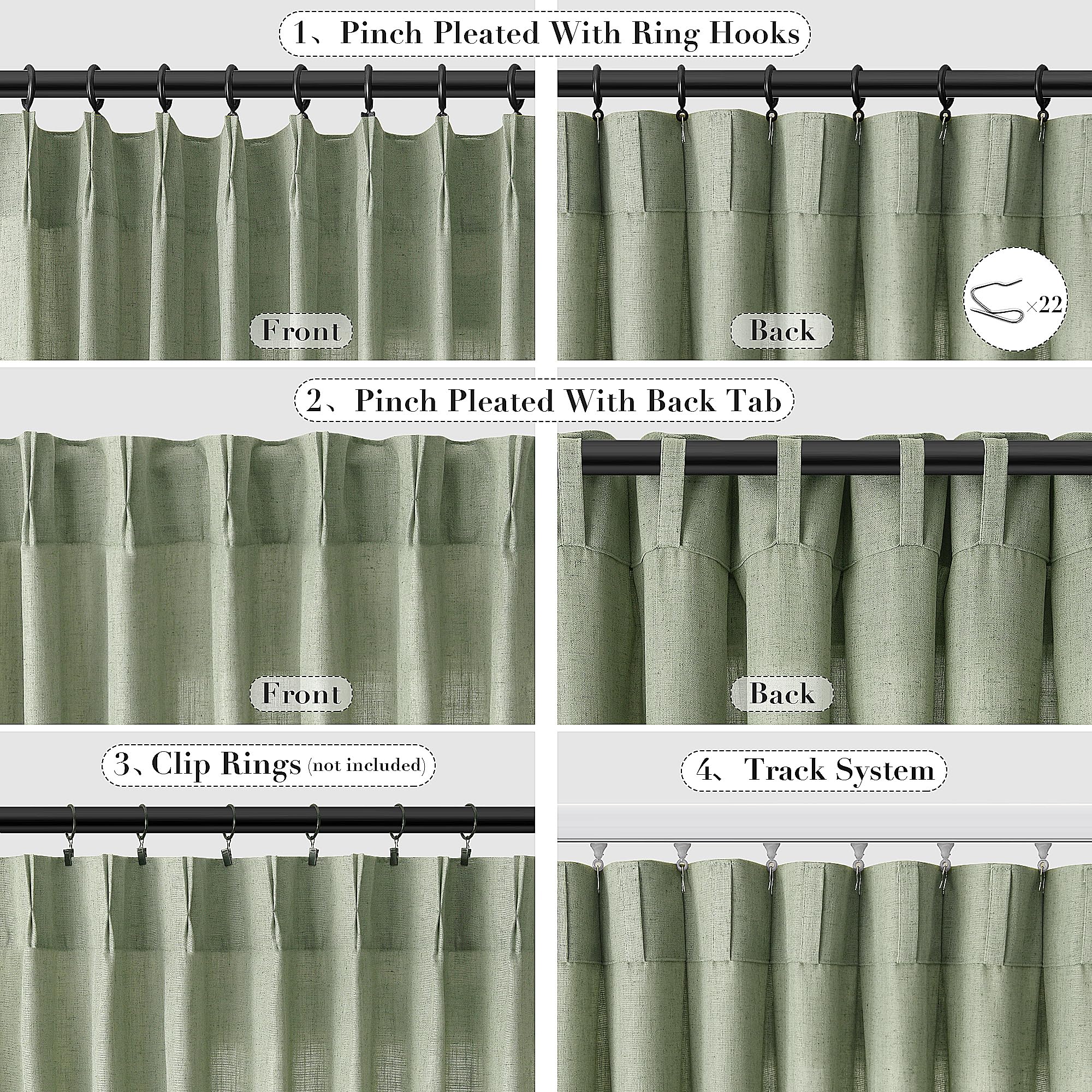 Joywell Linen Pinch Pleated Curtains 84 Inches Long,Back Tab Window Drapes With Hooks Lightweight For Bedroom Living Room Patio Sliding Glass Door Privacy,W50 X L84,Sage Green,2 Panels Set