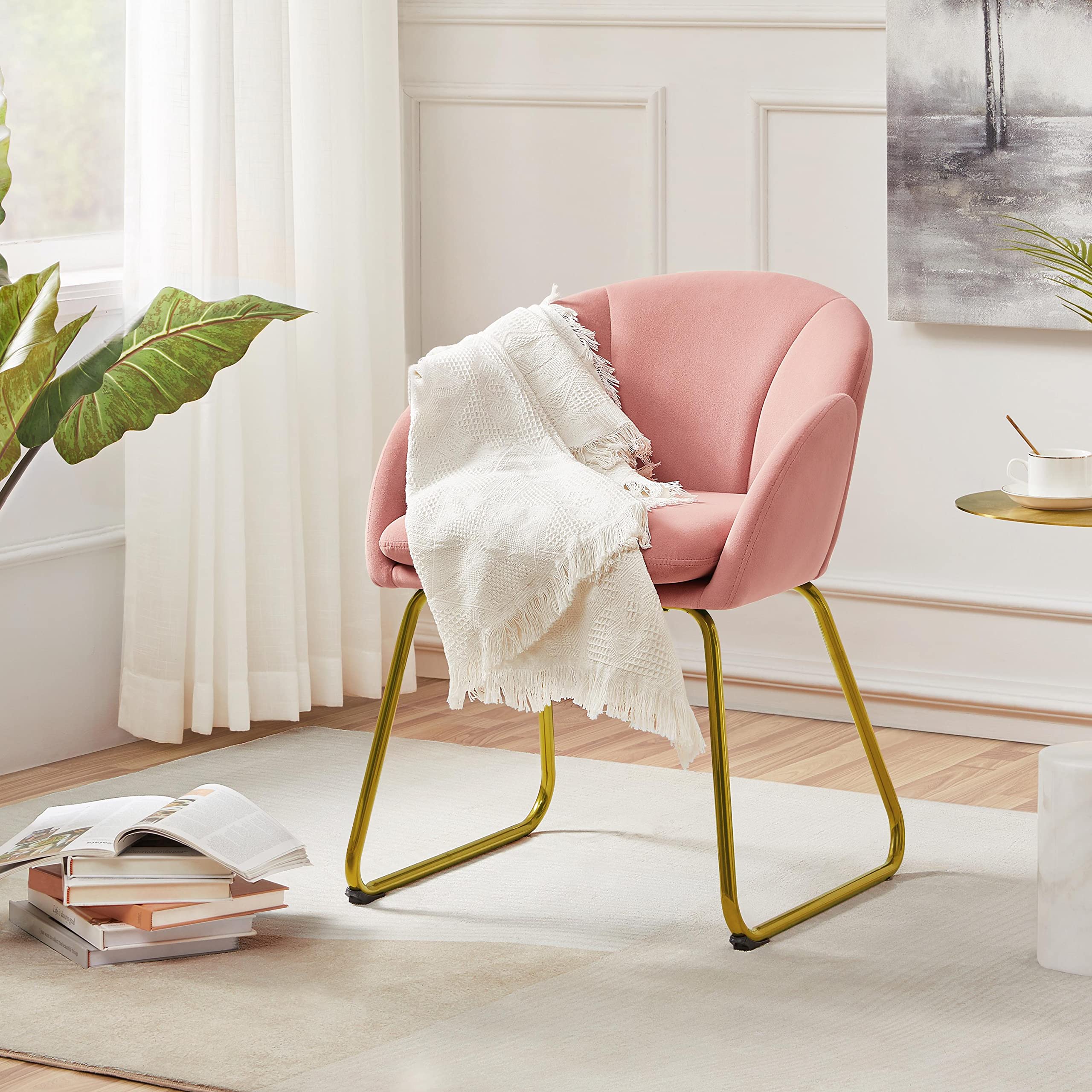 Yaheetech Flower Shape Velvet Vanity Chair, Modern Side Armchair Makeup Chair No Wheels With Golden Metal Legs For Living Room/Dressing Room/Bedroom/Home Office/Kitchen, Pink