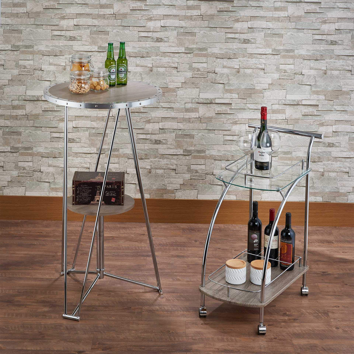 HomeRoots Furniture Bar Table in Mirror, Oak & Chrome Multicolor