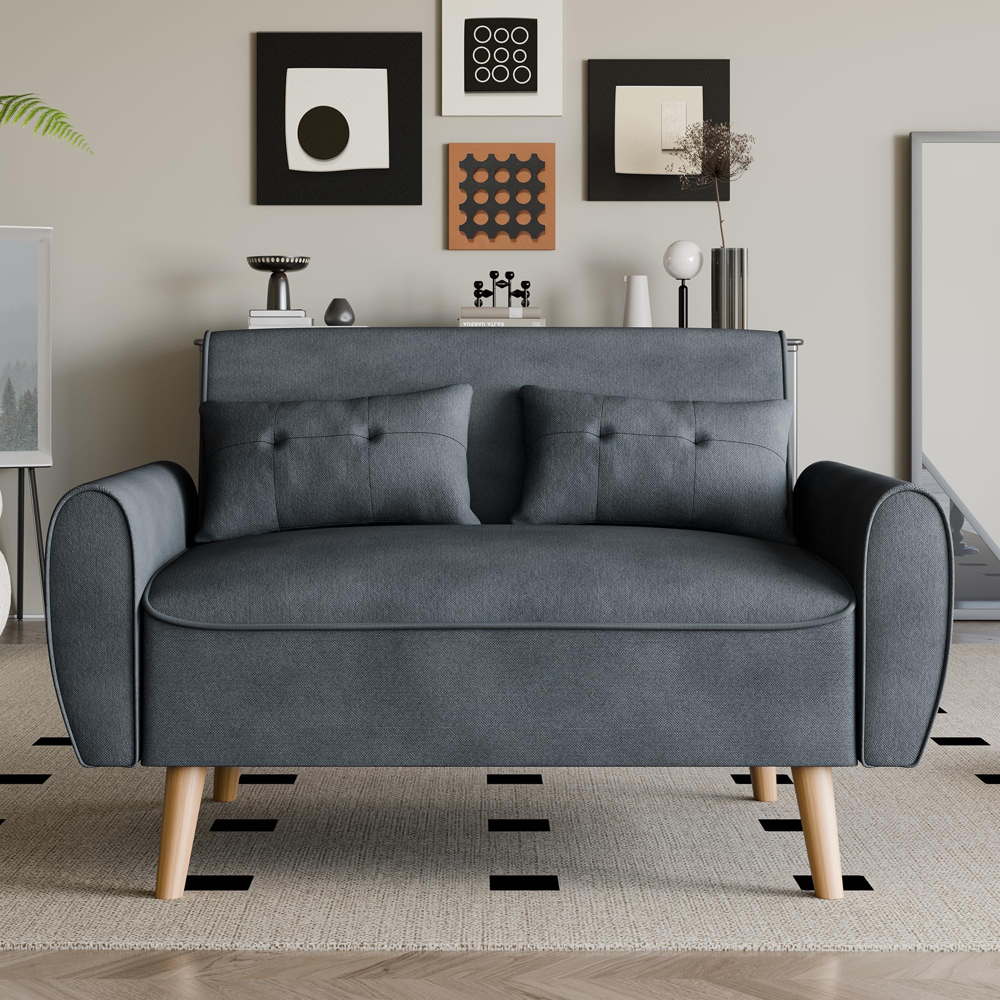 Vongrasig 47 Small Modern Loveseat Sofa, Mid Century Linen Fabric 2-Seat Couch Tufted Love Seat with Back Cushions and Tapered W