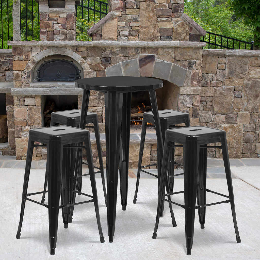 Flash Furniture Ormsby Commercial Grade 24" Round Black Metal Indoor-Outdoor Bar Table Set with 4 Square Seat Backless Stools