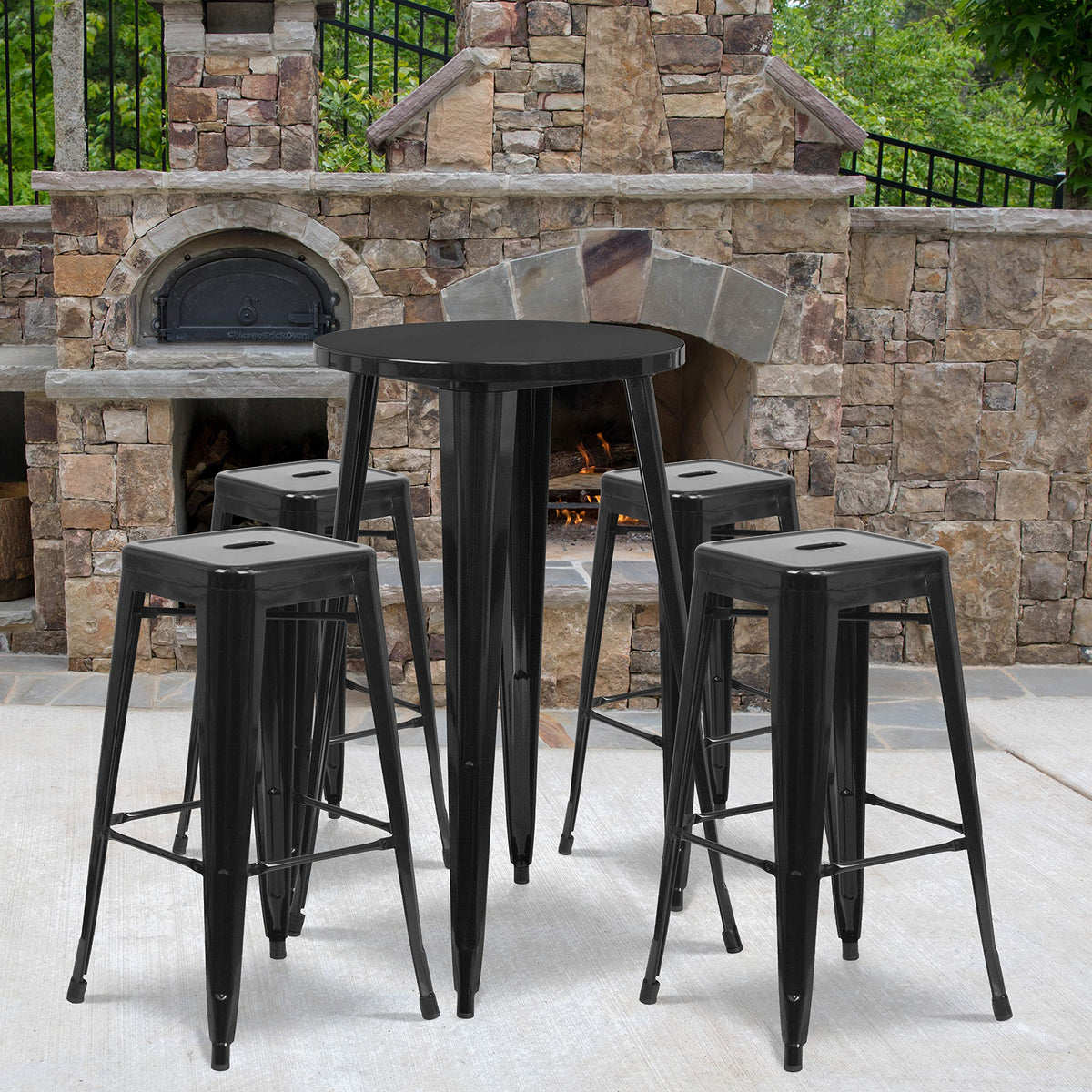 Flash Furniture Ormsby Commercial Grade 24&quot; Round Black Metal Indoor-Outdoor Bar Table Set with 4 Square Seat Backless Stools