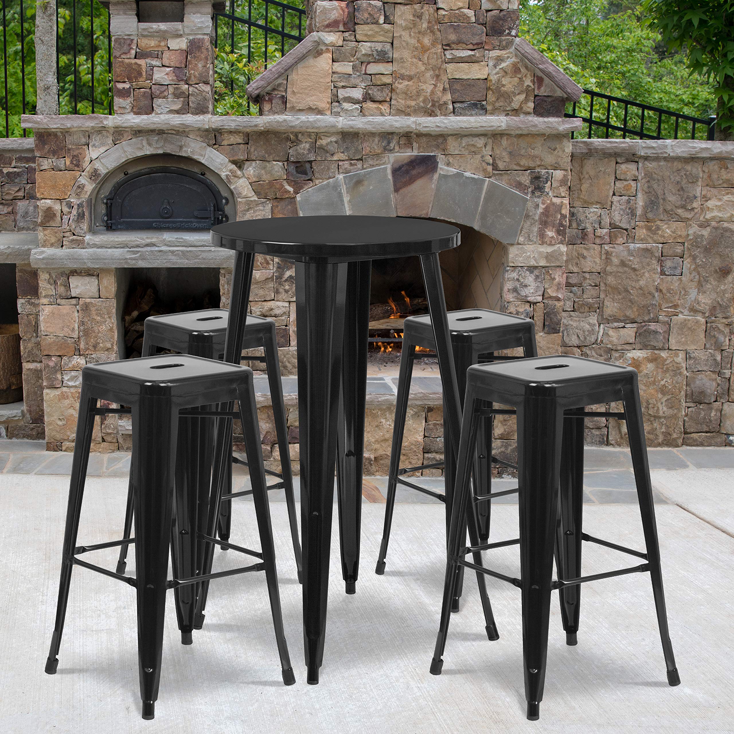 Flash Furniture Ormsby Commercial Grade 24" Round Black Metal Indoor-Outdoor Bar Table Set with 4 Square Seat Backless Stools