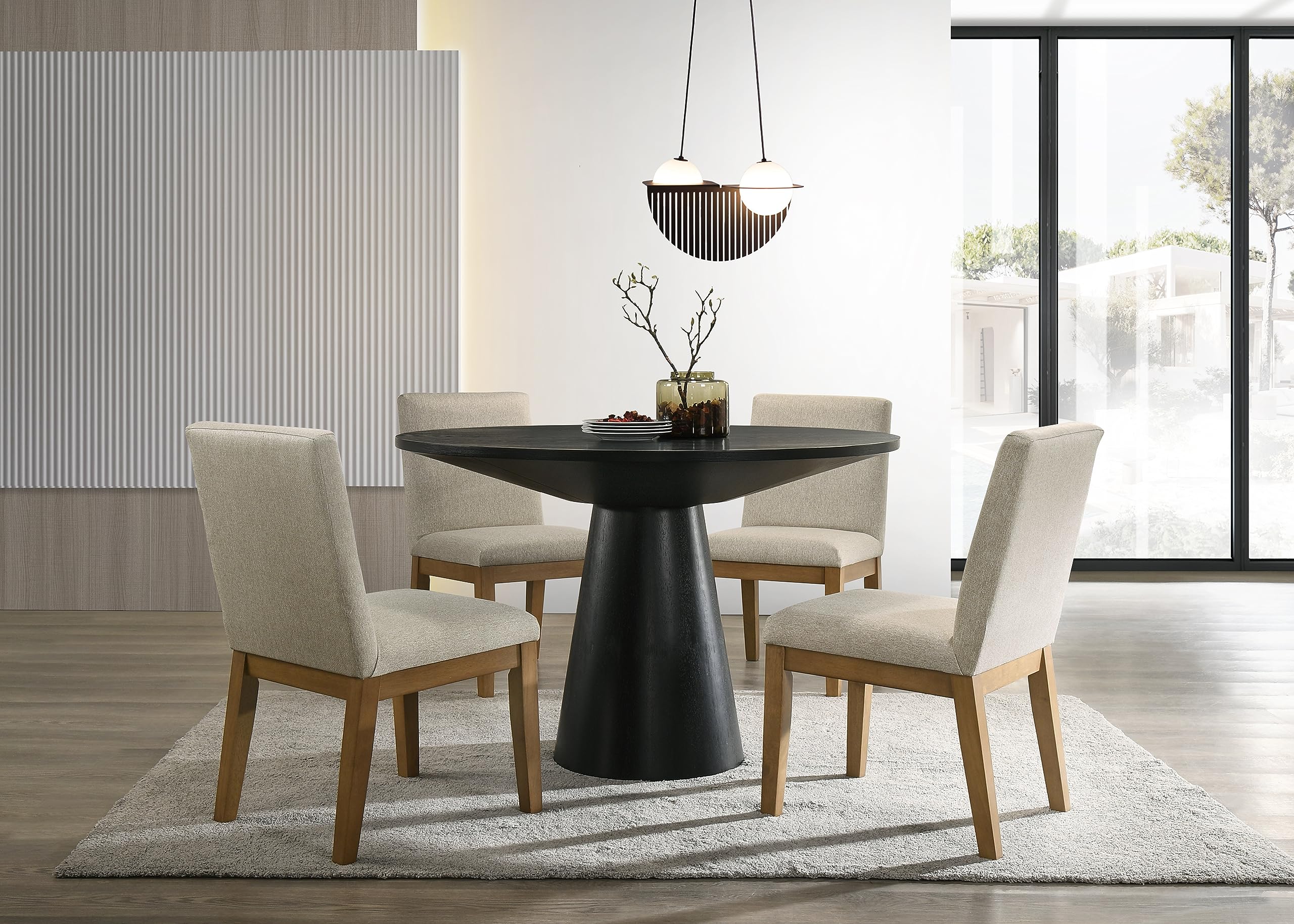 LILOLA LIVING Jasper Driftwood Finish 5 Piece 47&quot; W Contemporary Round Dining Table Set with Beige Fabric Chairs