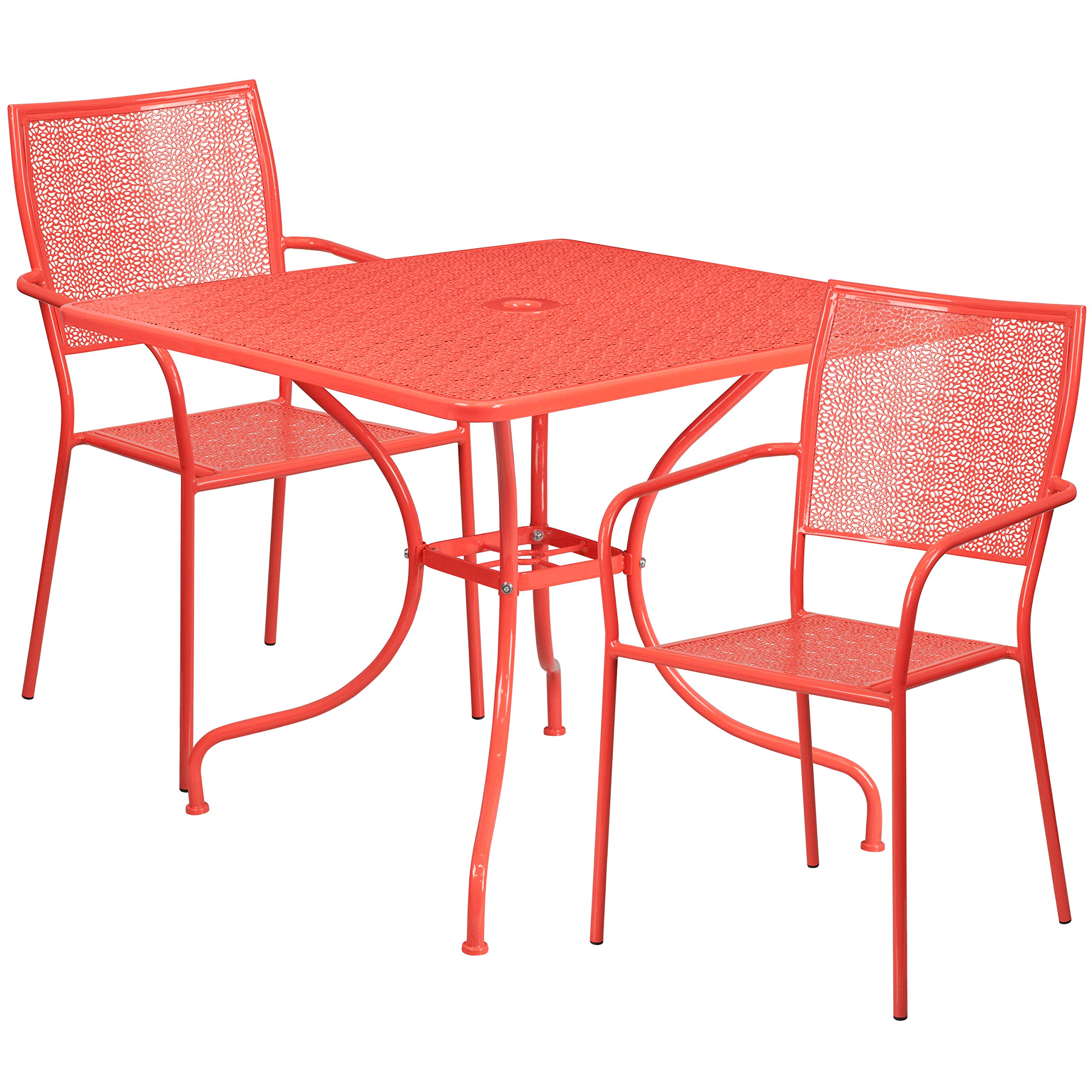 Flash Furniture Commercial Grade 35.5' Square Coral Indoor-Outdoor Steel Patio Table Set With 2 Square Back Chairs