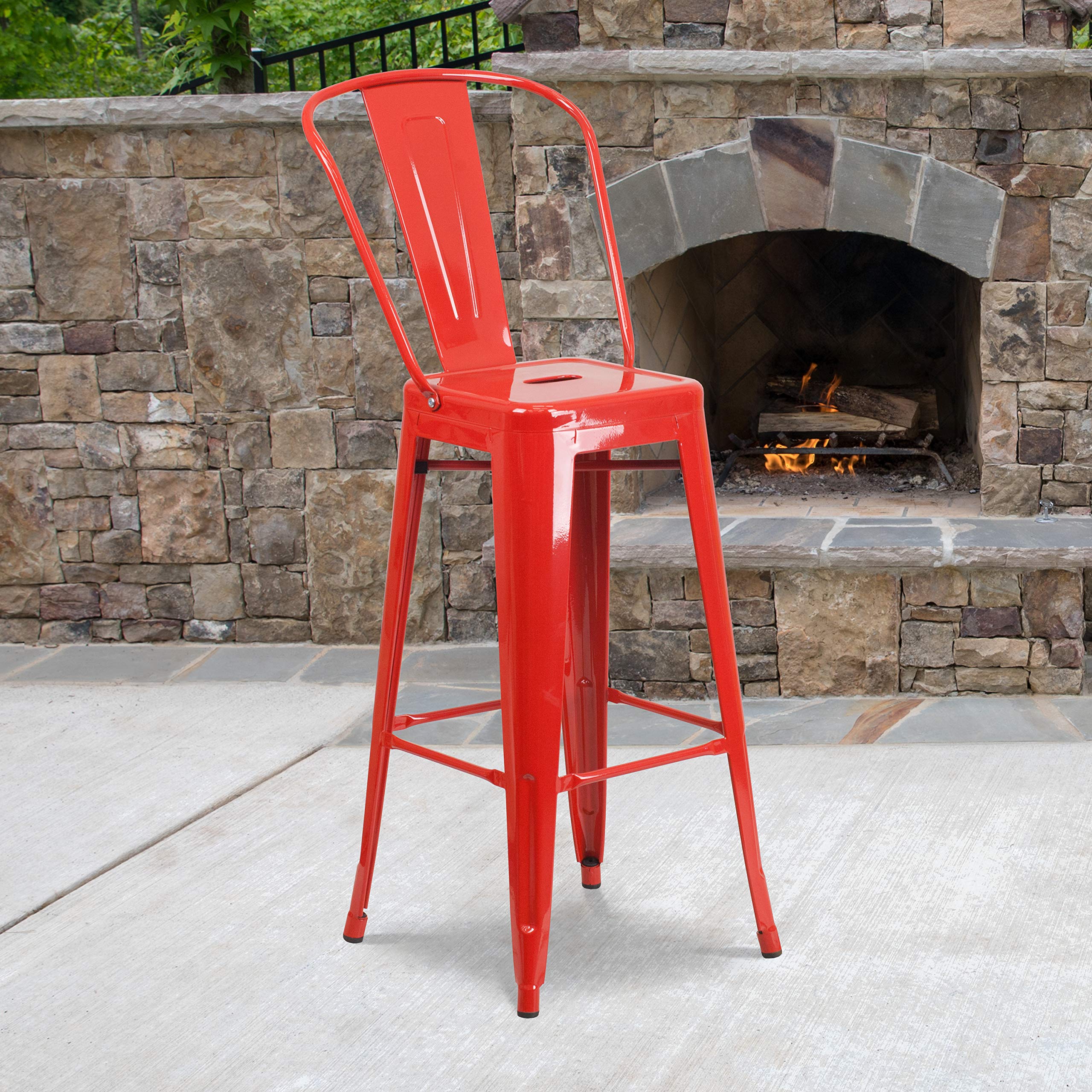 Flash Furniture Commercial Grade 30" High Red Metal Indoor-Outdoor Barstool with Removable Back