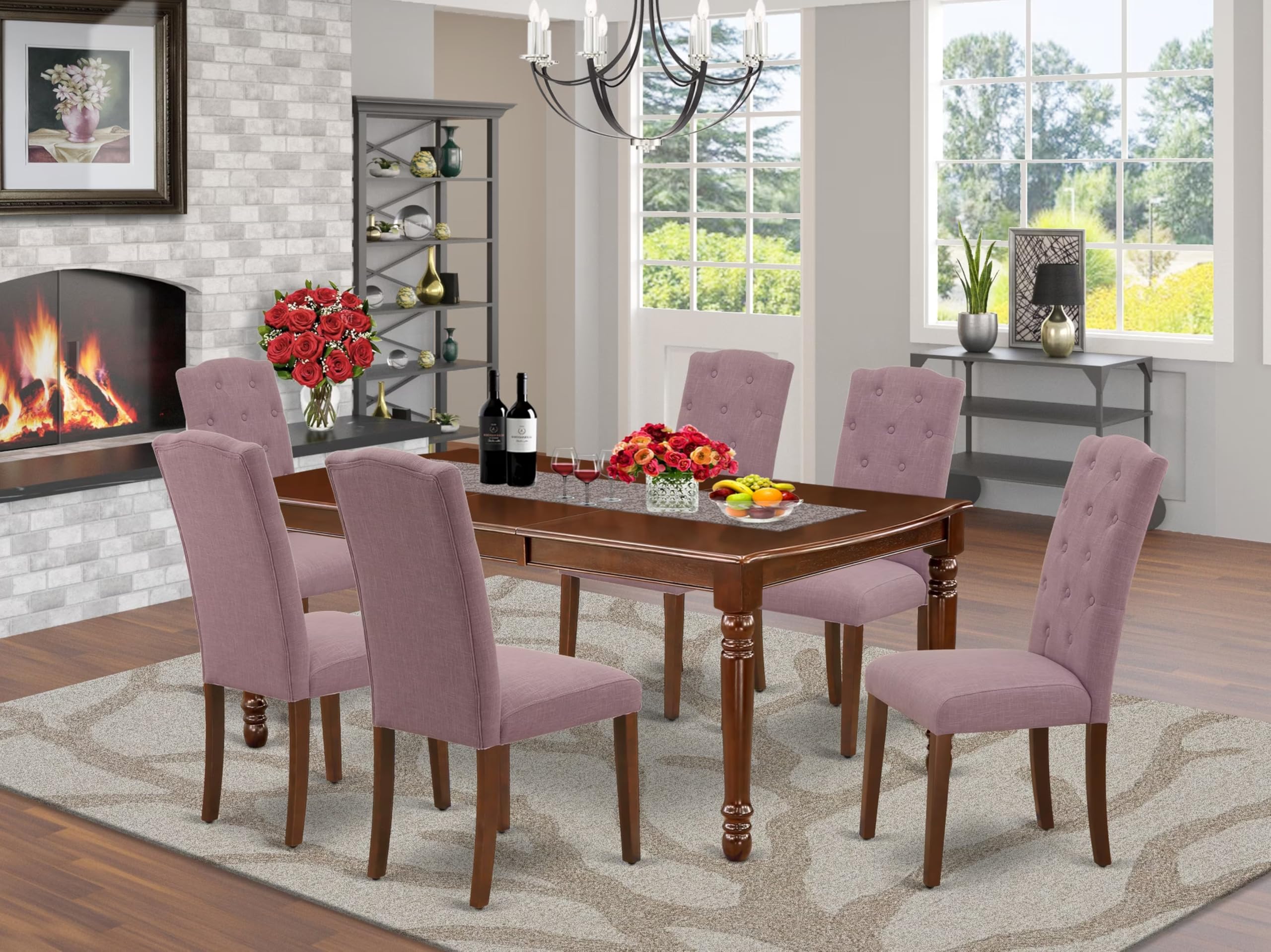 East West Furniture Doce7-Mah-10 7 Piece Dinette Set Consist Of A Rectangle Dining Room Table With Butterfly Leaf And 6 Dahlia Linen Fabric Parsons Dining Chairs, 42X78 Inch, Mahogany