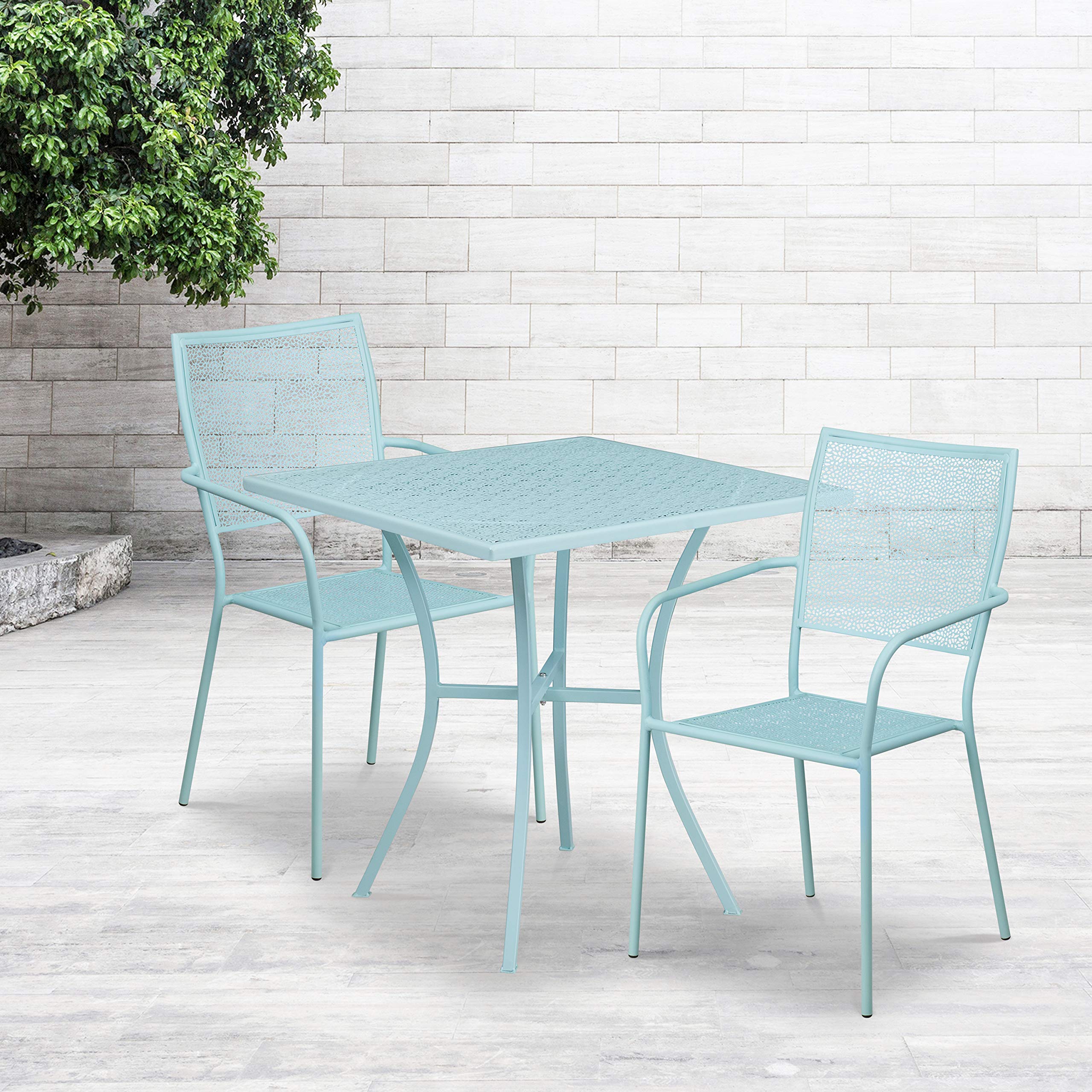 Flash Furniture Commercial Grade 28' Square Sky Blue Indoor-Outdoor Steel Patio Table Set With 2 Square Back Chairs