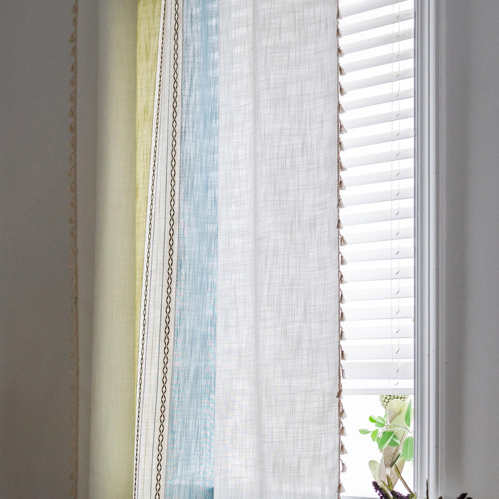 Sutuo Home Boho Curtains 72 Inch Length For Bedroom Living Room, Semi Blackout Farmhouse Tassels Window Treatment Bohemian Embroidery Drape, Rod Pocket 1 Panel 52' W X 72' L, Green Blue Striped Linen