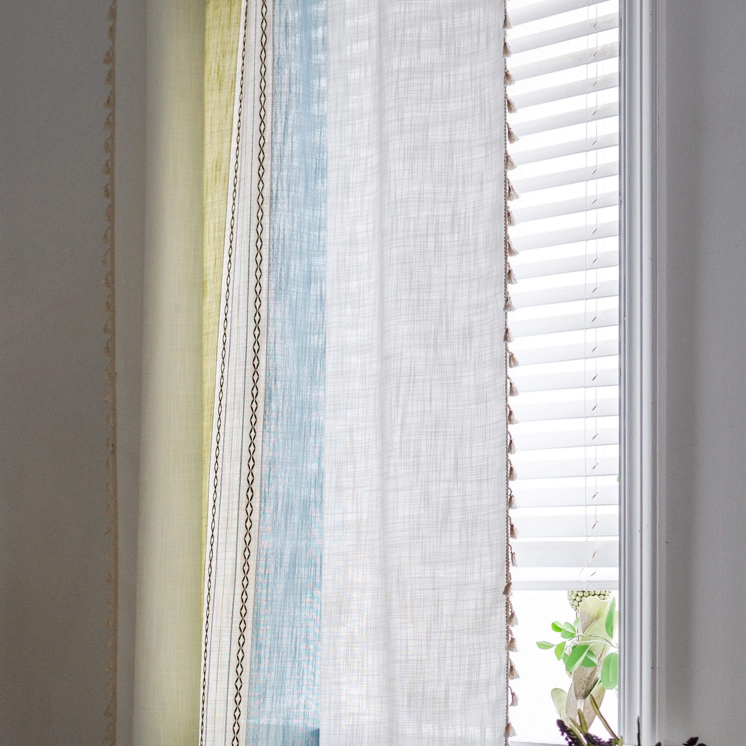 Sutuo Home Boho Curtains 84 Inch For Bedroom Living Room, Semi Blackout Linen Farmhouse Tassels Window Treatment Bohemian Embroidery Drape, Rod Pocket 1 Panel 52' W X 84' L, Green Blue Striped Linen