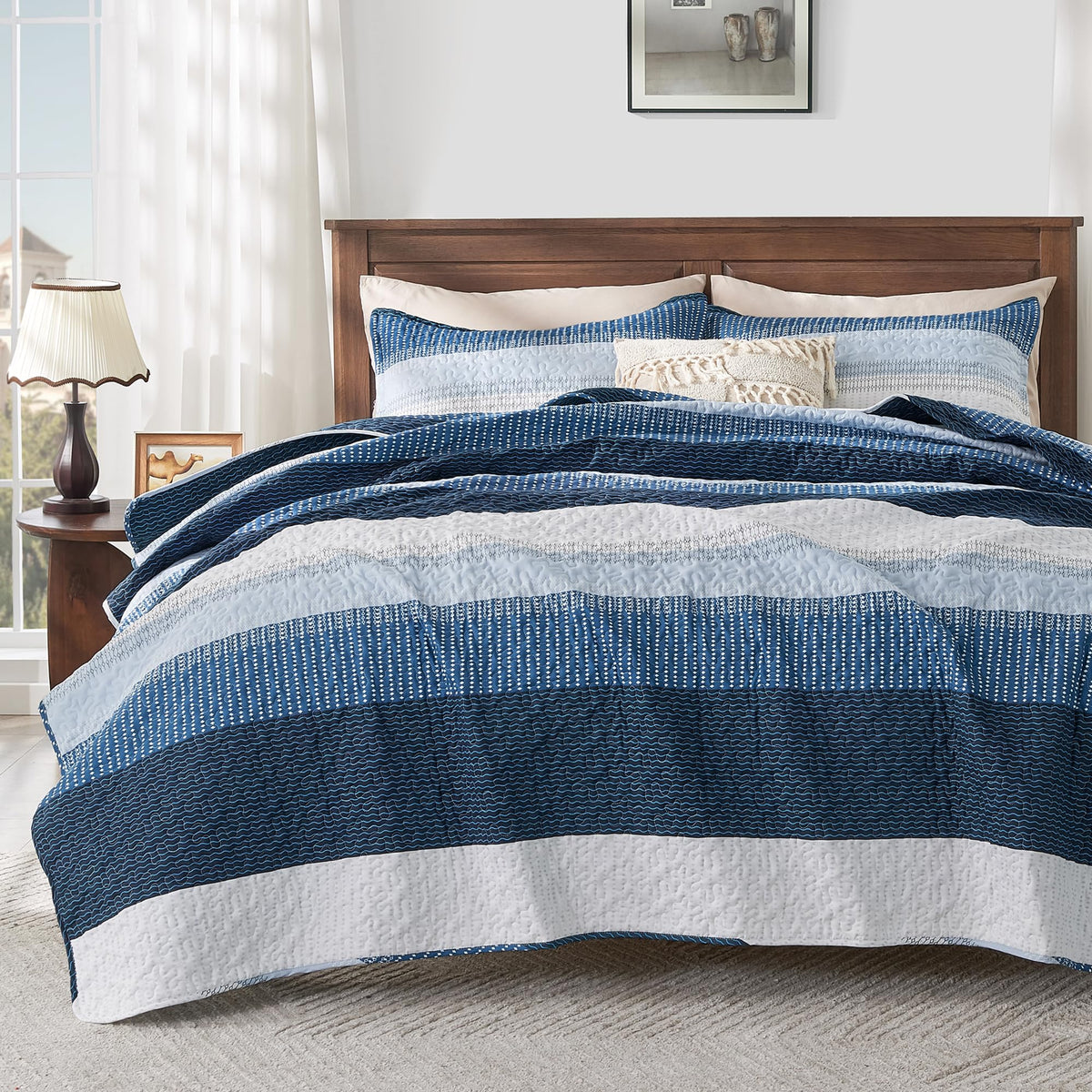 Andency Navy Blue Striped Quilt Queen(90X96Inch), 3 Pieces (1 Striped Quilt And 2 Pillowcases) Patchwork Bedspread Coverlet Set,