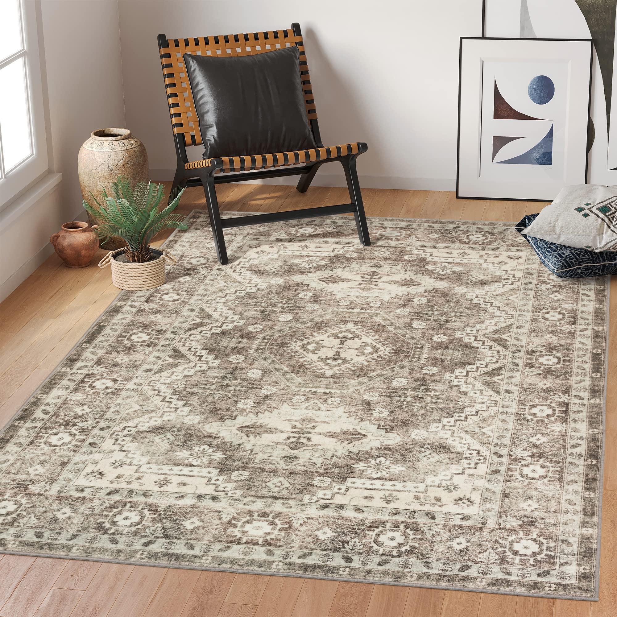 Rugland 4x6 Rug - Stain Resistant Washable Rug, Anti Slip Backing Rugs for Living Room, Vintage Tribal Area Rugs (TPR07-Ivory, 4