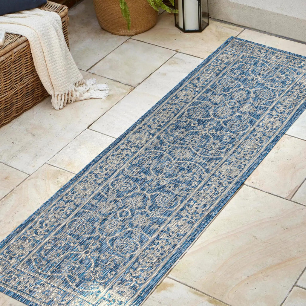 Jonathan Y Smb103A-28 Palazzo Vine And Border Textured Weave Indoor/Outdoor Navy/Gray 2 Ft. X 8 Ft. Runner-Rug, Coastal,Easy-Cleaning,Hightraffic,Livingroom,Backyard, Non Shedding