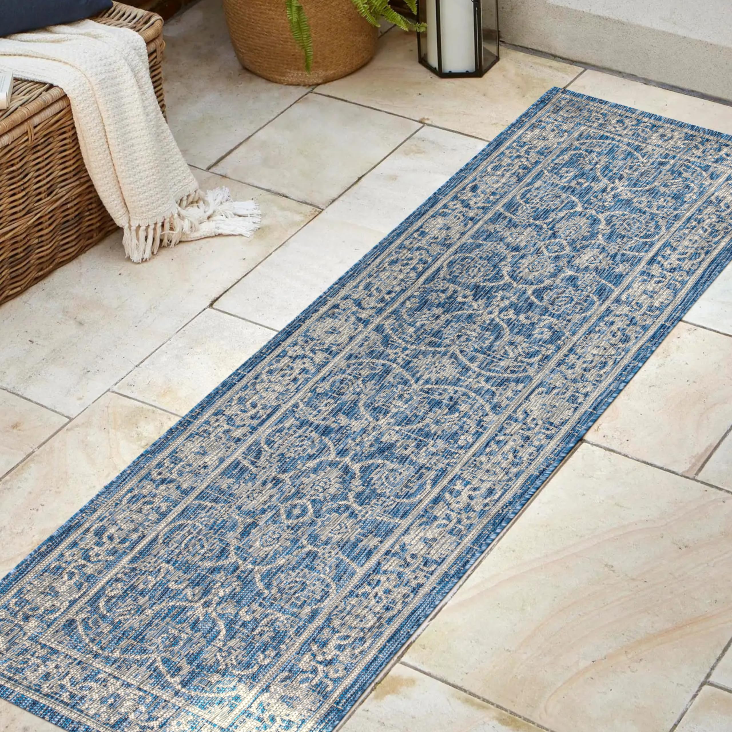 Jonathan Y Smb103A-28 Palazzo Vine And Border Textured Weave Indoor/Outdoor Navy/Gray 2 Ft. X 8 Ft. Runner-Rug, Coastal,Easy-Cleaning,Hightraffic,Livingroom,Backyard, Non Shedding