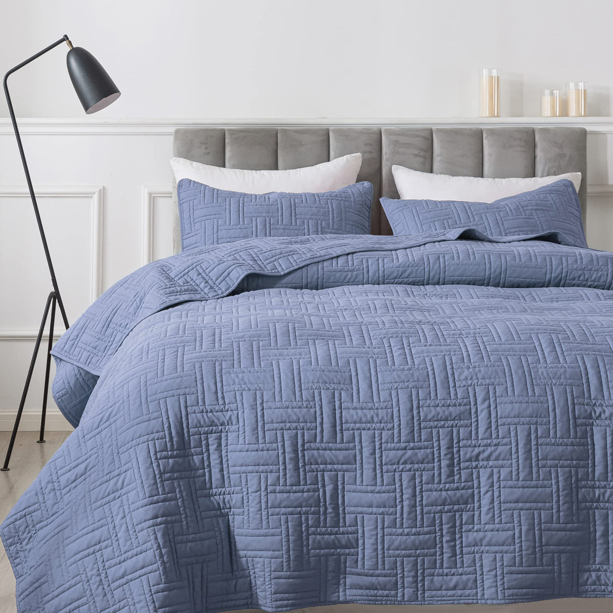 R.Share Blue Quilt King Size Bedding Sets With Pillow Shams, Lightweight Soft Bedspread Coverlet, Basket Weave Quilted Blanket T