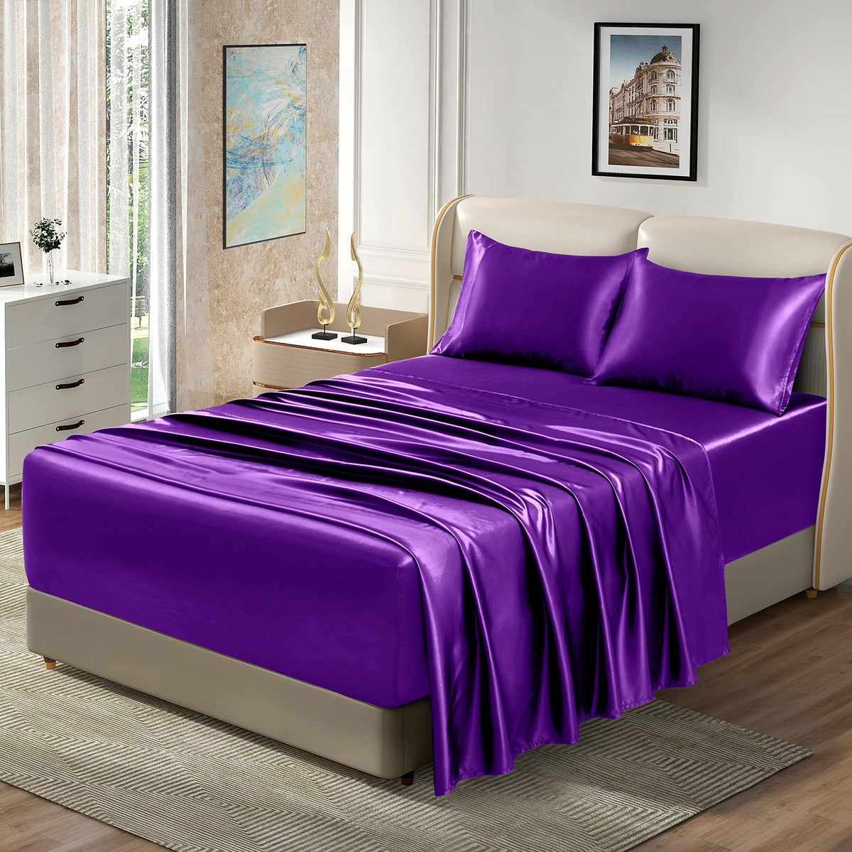 Homiest 4Pcs Extra Deep Pocket Satin Sheets Full Size Bed Set, 18-24 Inch Deep Pocket Bed Sheets Purple Satin Sheet Set, Silky S