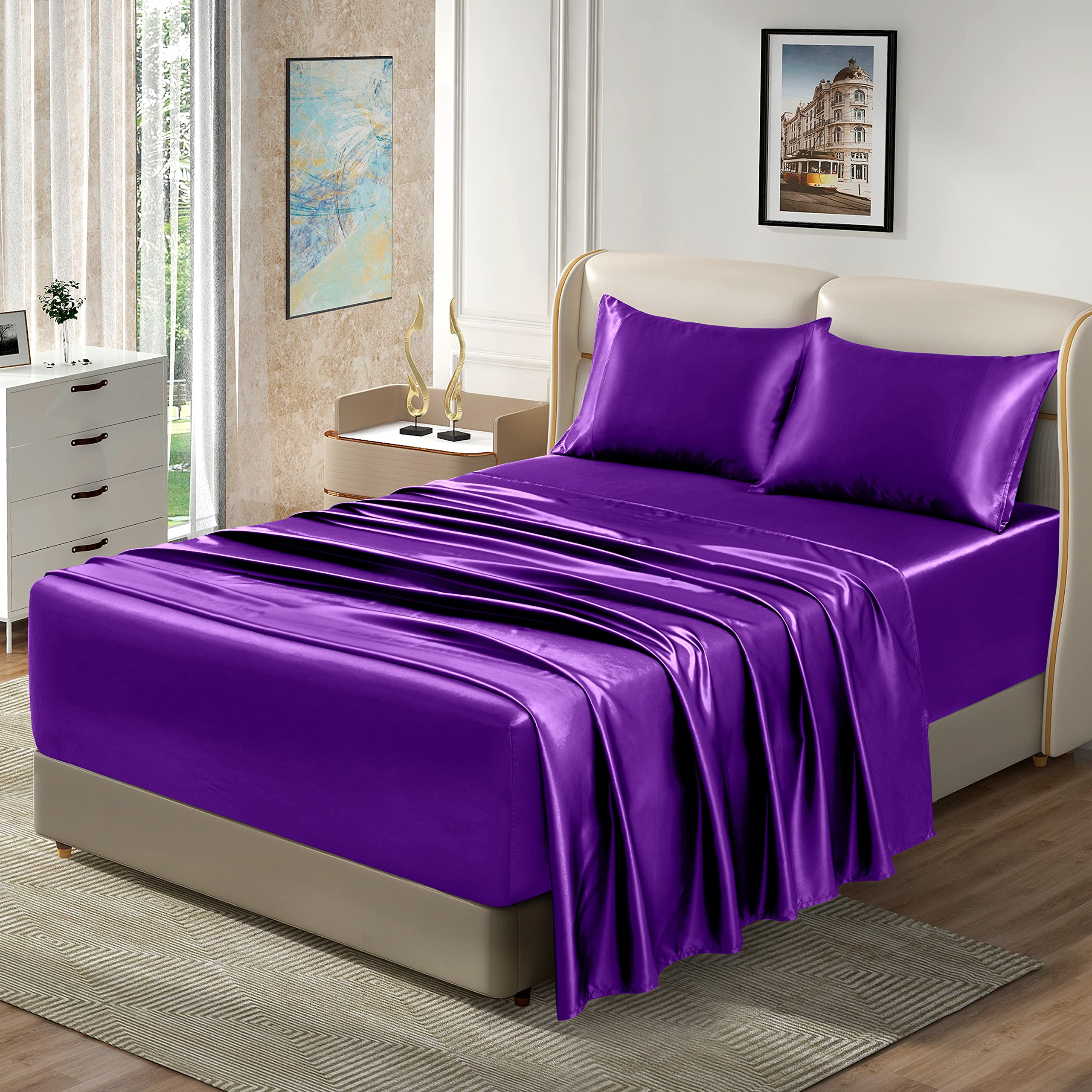Homiest 4Pcs Extra Deep Pocket Satin Sheets Full Size Bed Set, 18-24 Inch Deep Pocket Bed Sheets Purple Satin Sheet Set, Silky S