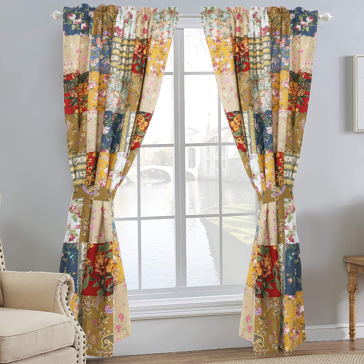 Cozy Line Home Fashions Khaki Red Patchwork Window Curtains With Tie Backs Set, 84' X 52', 2 Panels