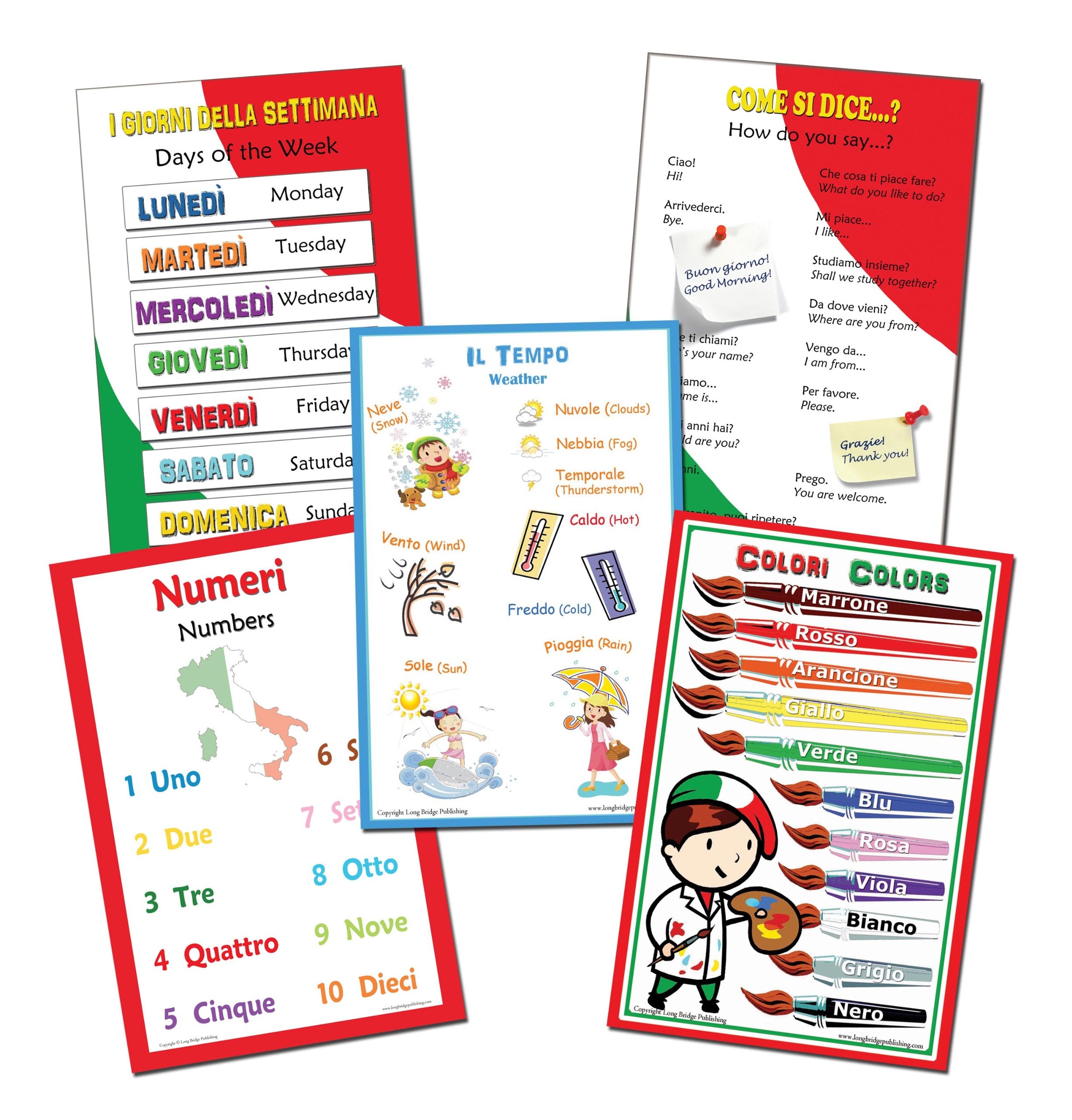 Italian Language School Poster Set N.1 - Assorted Bilingual Wall Charts For Classroom And Playroom (11X17 Inches)