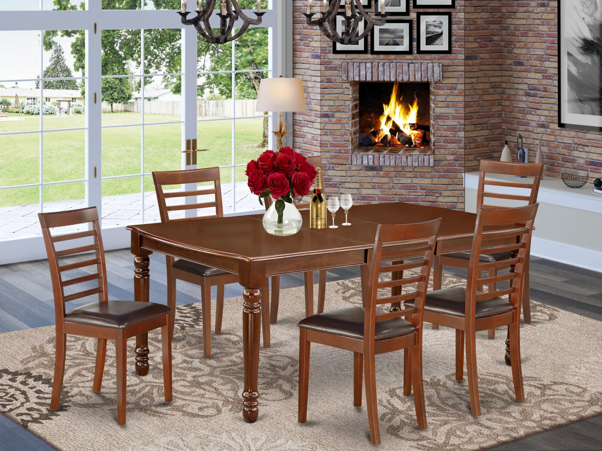 East West Furniture Doml7-Mah-Lc 7 Piece Dining Room Table Set Consist Of A Rectangle Wooden Table With Butterfly Leaf And 6 Faux Leather Kitchen Dining Chairs, 42X78 Inch, Mahogany