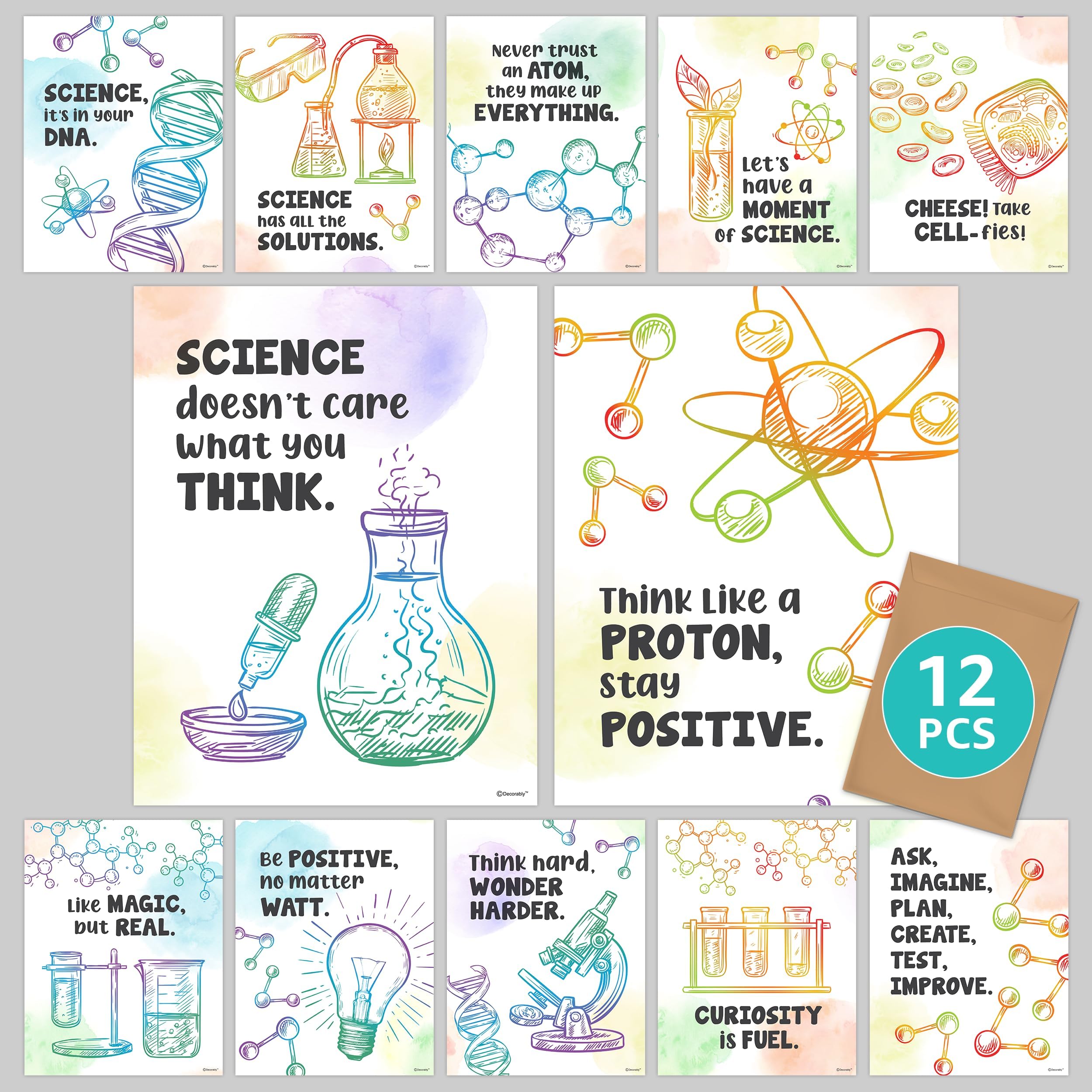 Decorably Science Quotes Posters For Classroom, 12 Middle School Science Classroom Decor, 8.5X11 Science Posters For Classroom M