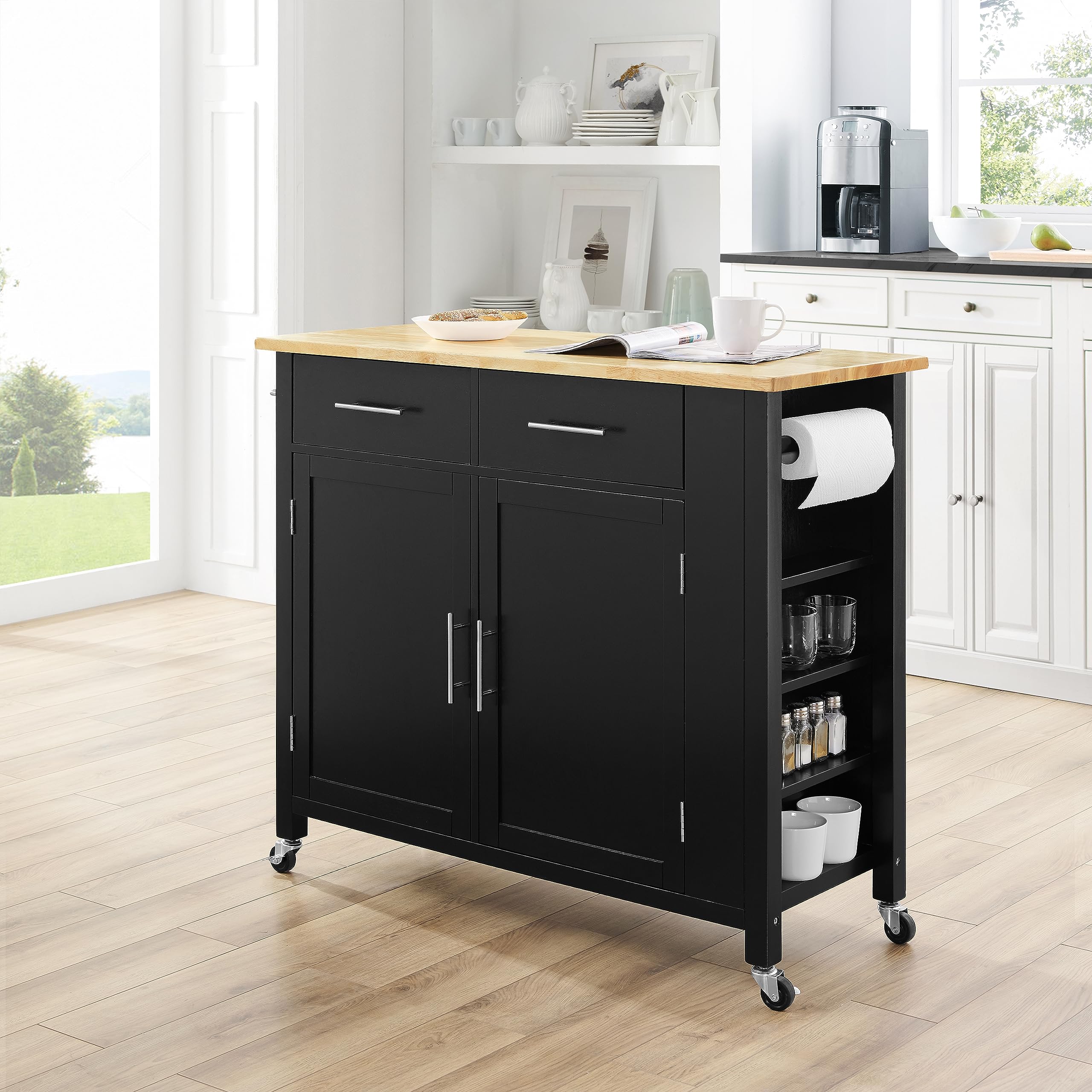 Crosley Furniture Savannah Wood Top Rolling Kitchen Island Cart, Microwave Stand, With Shelves And Drawers, Black