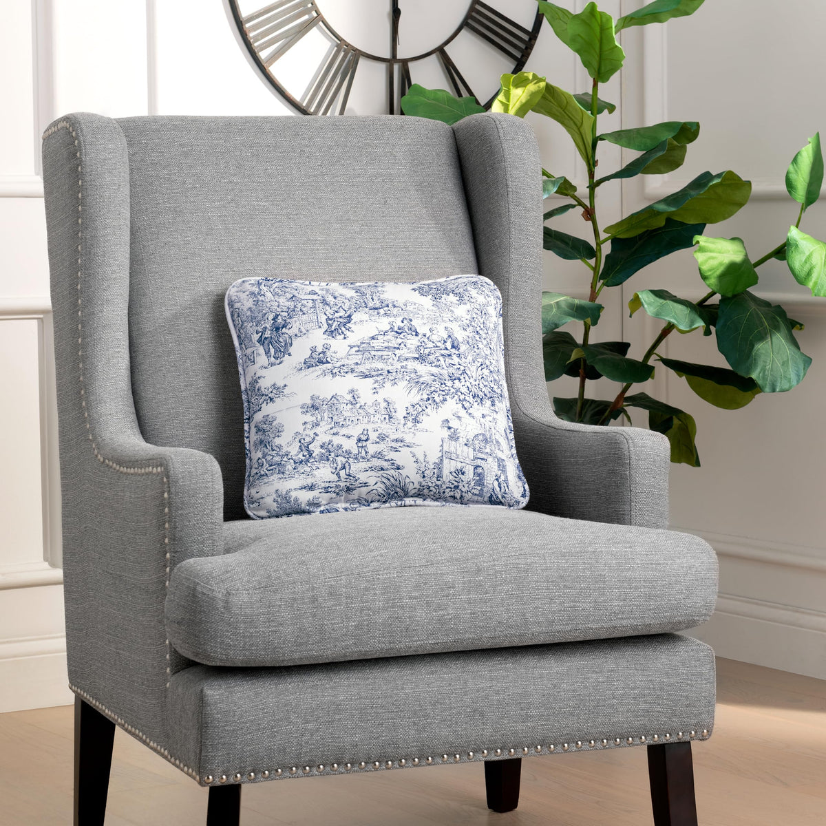 Ellis Curtain Victoria Park Toile Logan Gingham Check Reversible Toss Pillow, Blue