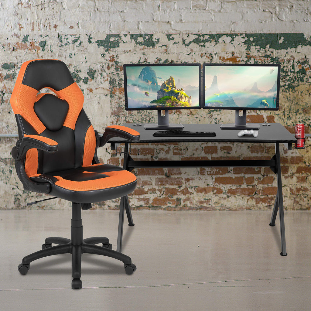 Flash Furniture Optis Black Gaming Desk And Orange/Black Racing Chair Set With Cup Holder, Headphone Hook & 2 Wire Management Holes