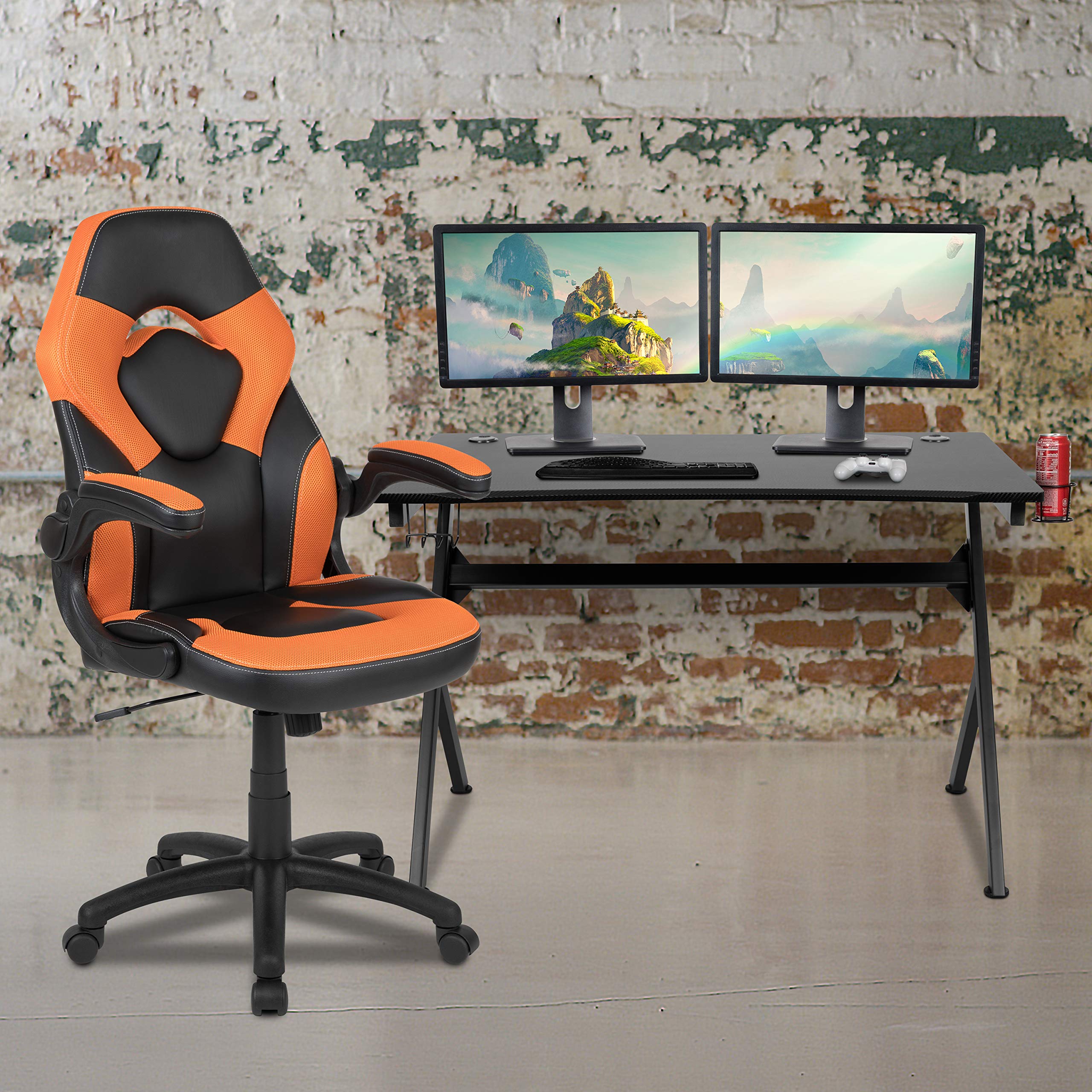 Flash Furniture Optis Black Gaming Desk And Orange/Black Racing Chair Set With Cup Holder, Headphone Hook & 2 Wire Management Holes