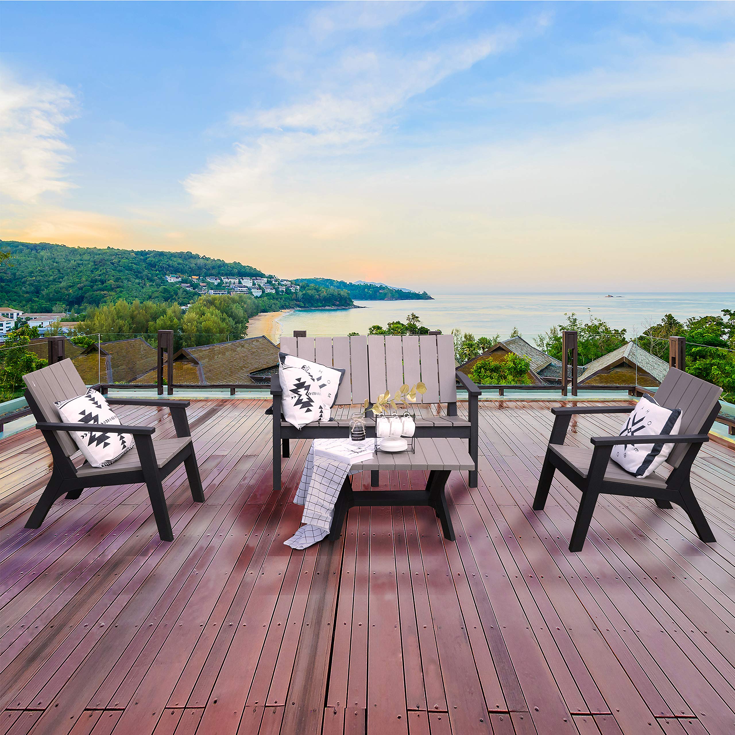 DUKAP Enzo 4 Piece Patio Seating Set with Storage Space, Outdoor Conversation Seats with Weather and Water Resistant Balcony Furniture for Ultimate Comfort | Black and Grey