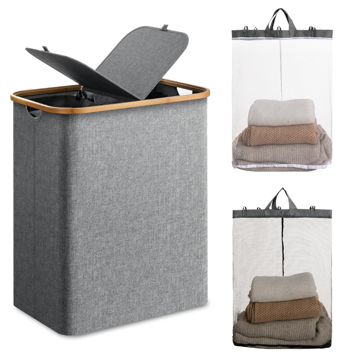 HBlife 145L Extra Large Double Laundry Hamper with Lid and Removable Inner Bag, 2 Section Collapsible Dirty Clothes Basket Organ