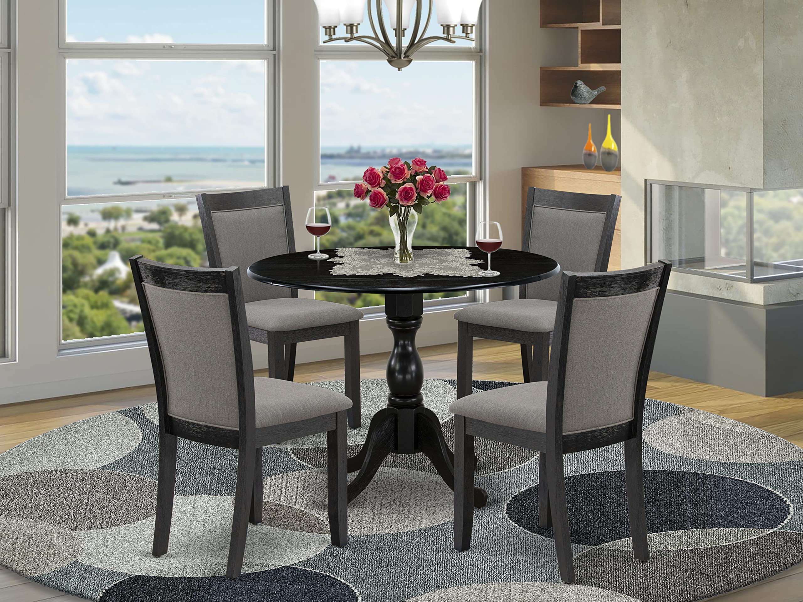 East West Furniture DMMZ5-AB6-50 5 Piece Modern Dining Table Set Includes a Round Wooden Table with Dropleaf and 4 Dark Gotham Grey Linen Fabric Parsons Chairs, 42x42 Inch, Wirebrushed Black