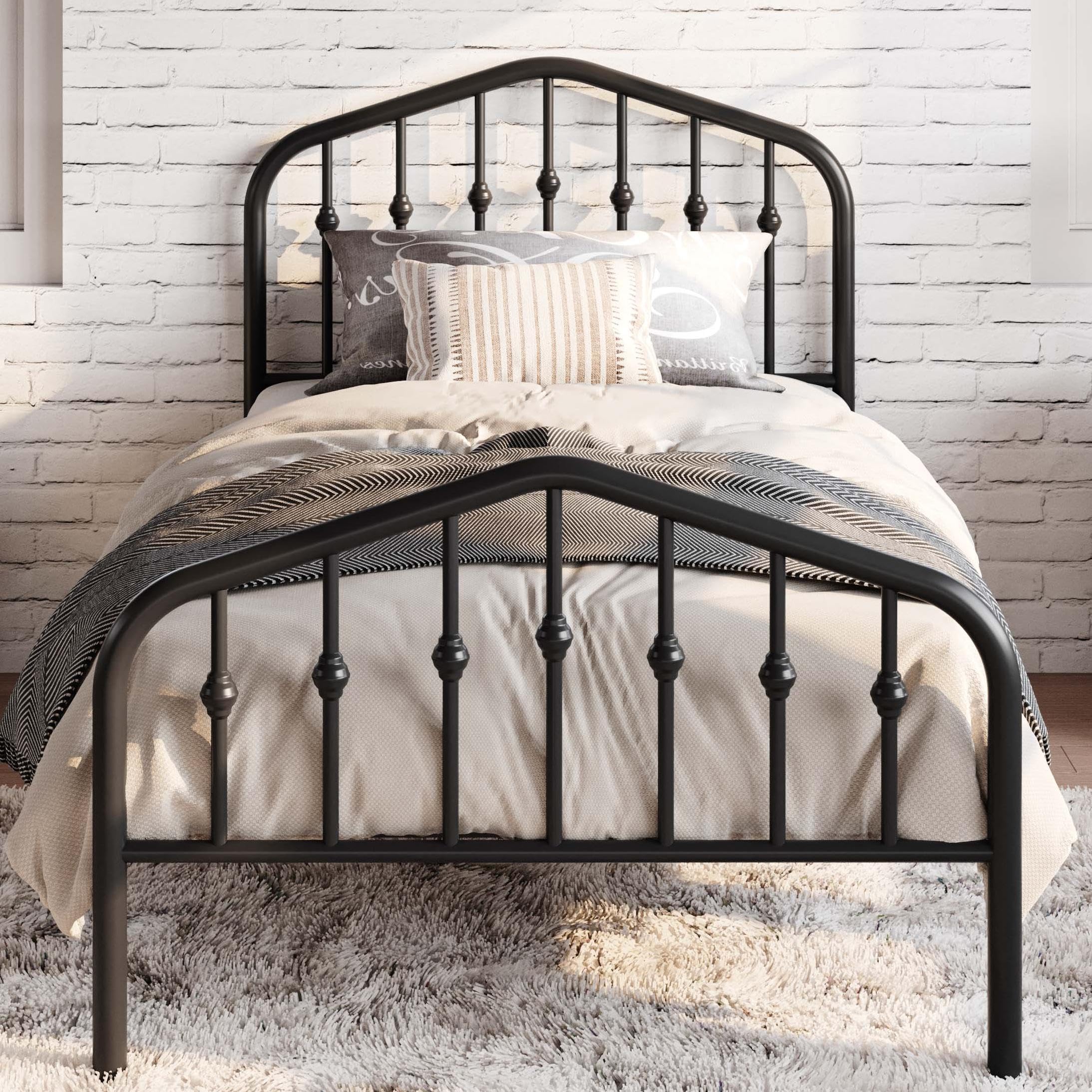 SHA CERLIN Twin Size Metal Platform Bed Frame with Victorian Style Wrought Iron-Art Headboard/Footboard, No Box Spring Required,