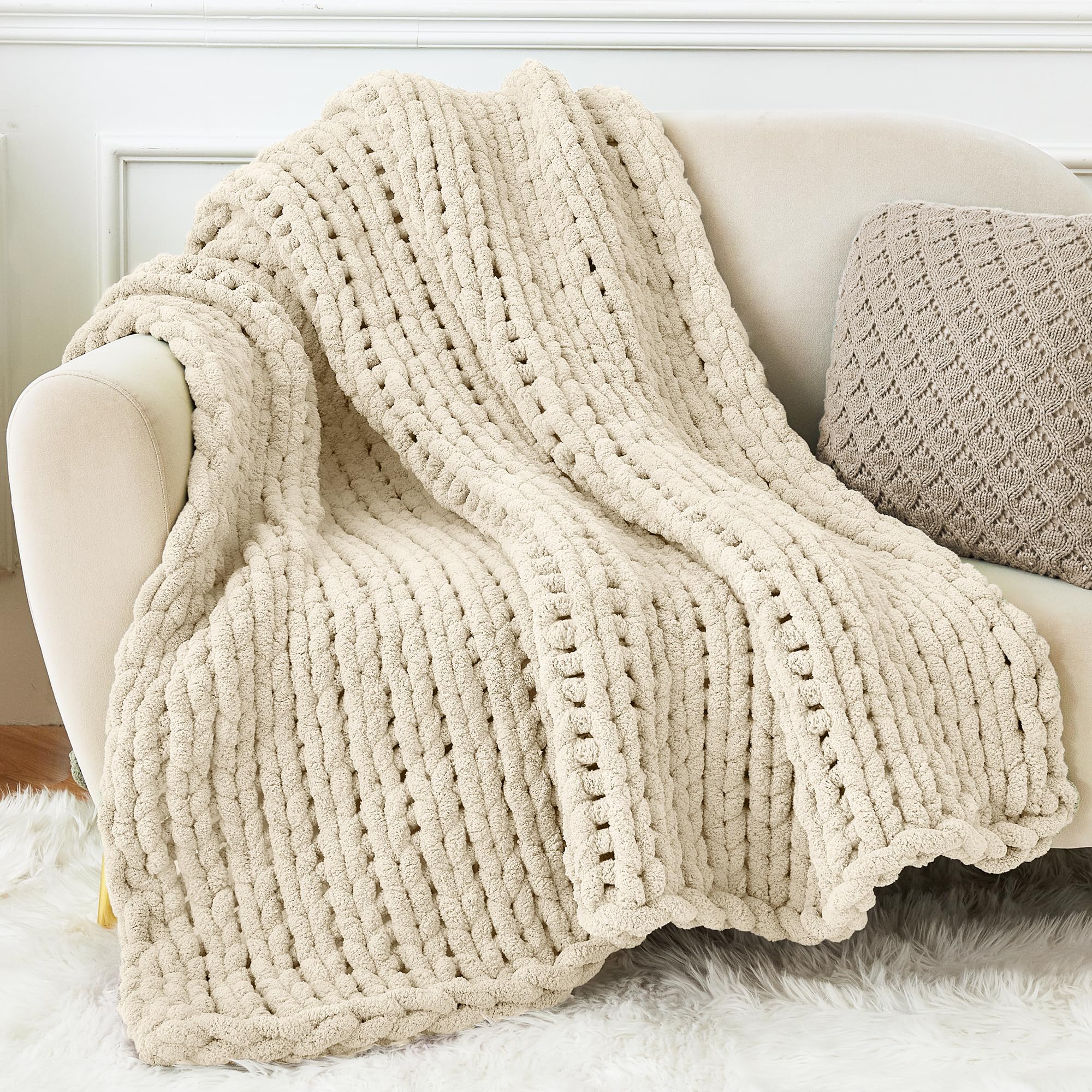 Admitrack Chunky Knit Blanket Throw 51'X63', 100% Hand Knit Chenille Throw Blanket For Sofa & Home Decor, Soft And Cozy Knitte