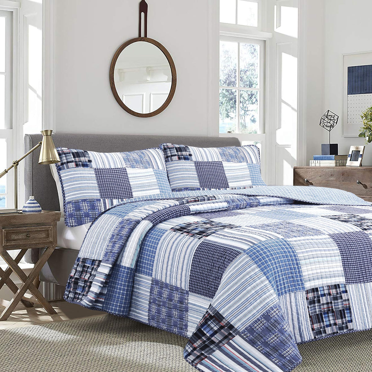 Cozy Line Home Fashions 100% Cotton Reversible Quilt Bedding Set, Navy Blue Denim Plaid Striped Real Patchwork Coverlet Bedsprea