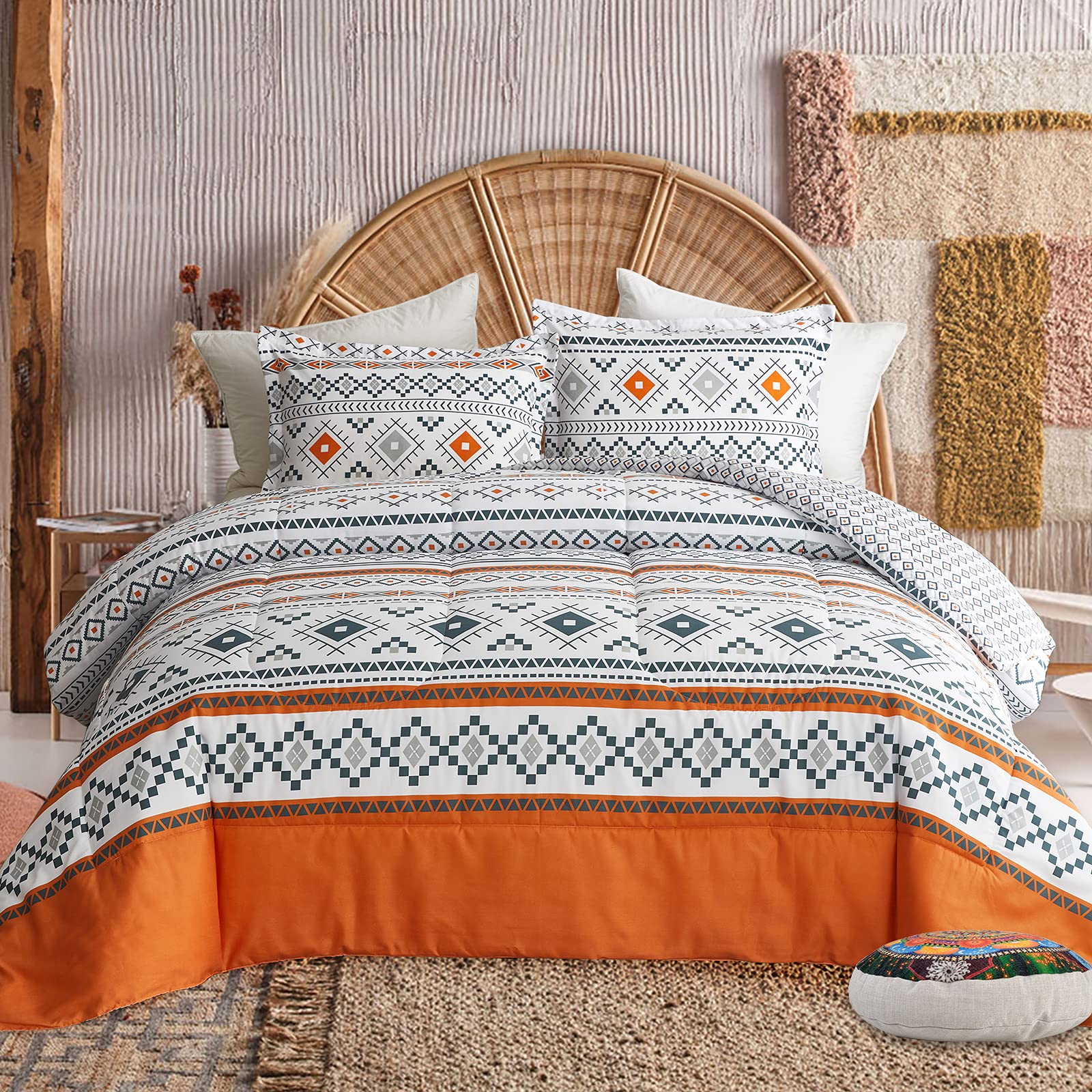 Flysheep 3 Piece Bohemian Orange Comforter Set Twin Size For Kids, Tribal Geometric Bedding Set For All Season, Ultra Soft Micro