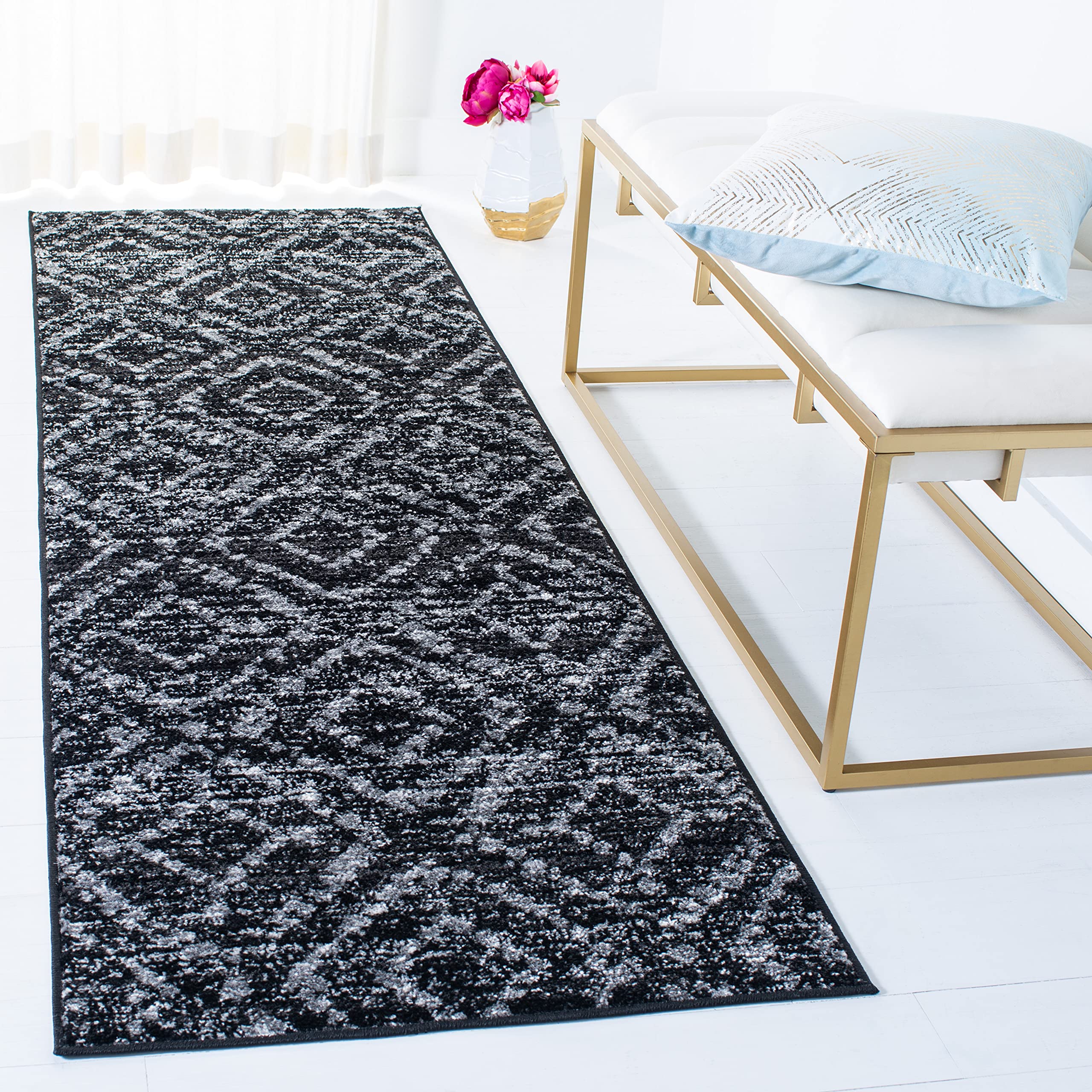 SAFAVIEH Adirondack Collection Runner Rug - 26 x 6, Black & Ivory, Modern Diamond Distressed Design, Non-Shedding & Easy Care,