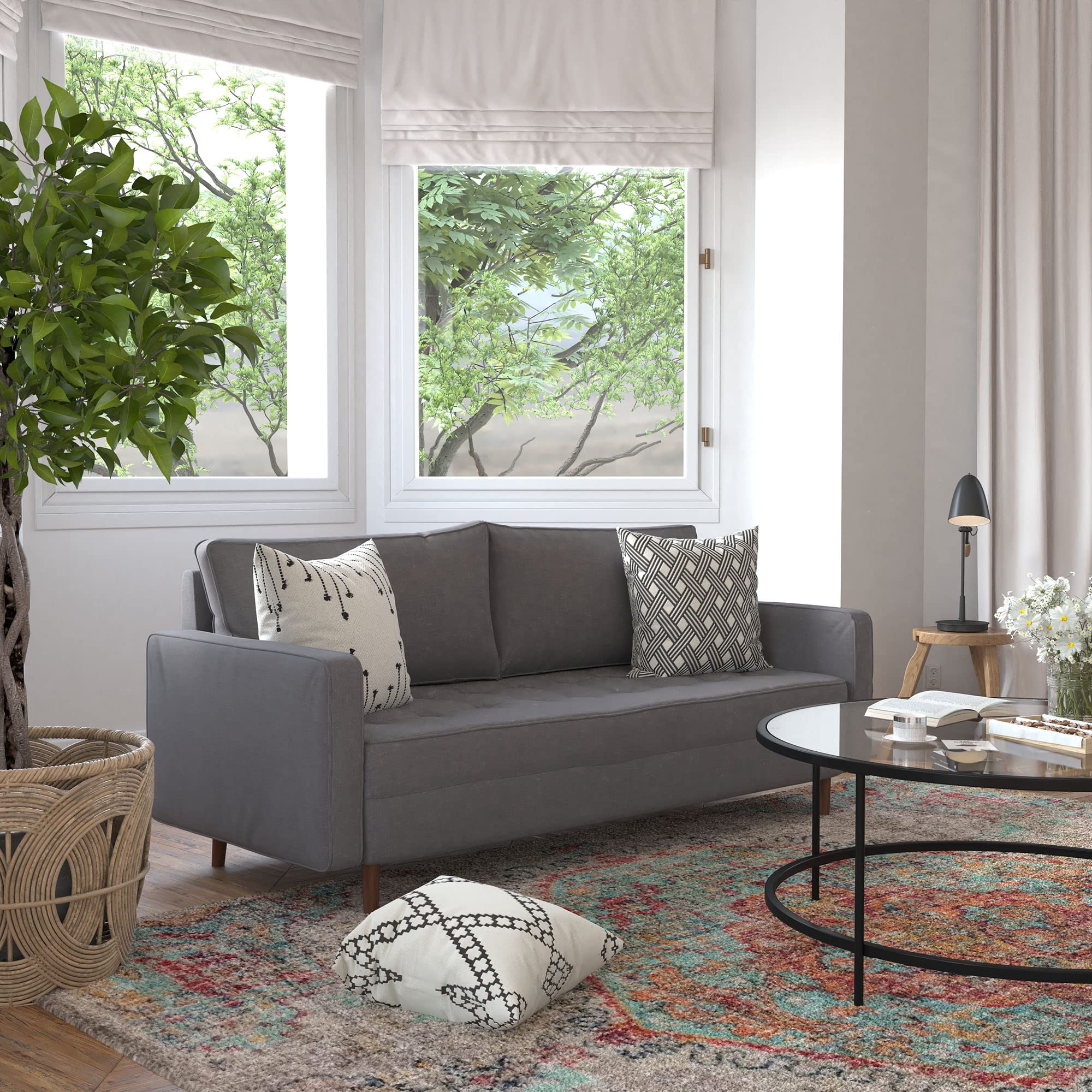 Flash Furniture Hudson Mid-Century Modern Sofa - Dark Gray Faux Linen Upholstery - Buttonless Tufting - Wood Legs