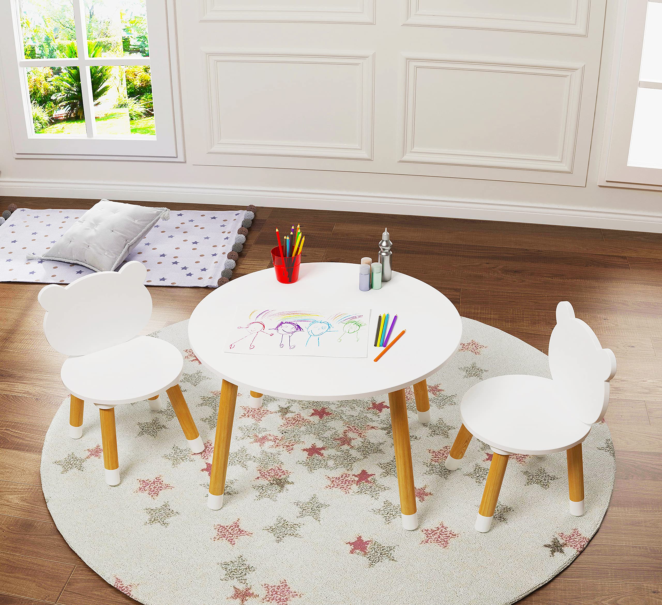 Utex Kids Wood Table And Chair Set, Kids Play Table With 2 Chairs,3 Pieces Kids Round Table For Toddlers, Girls, Boys,White