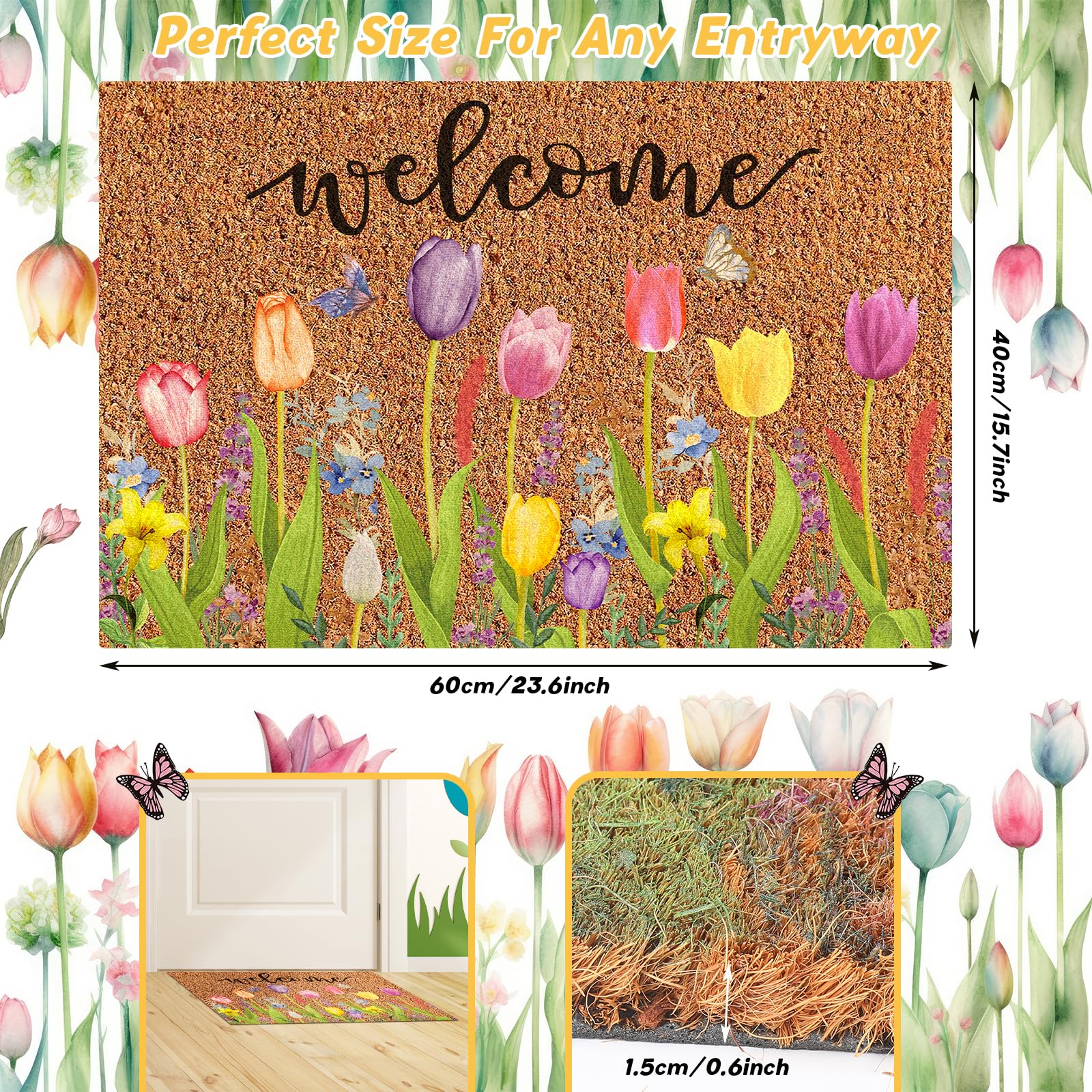 Ceenna Spring Welcome Doormat Indoor Spring Door Mat Coir Flowers Butterfly Mat Non Slip Front Porch Rugs For Home Entrance Deco